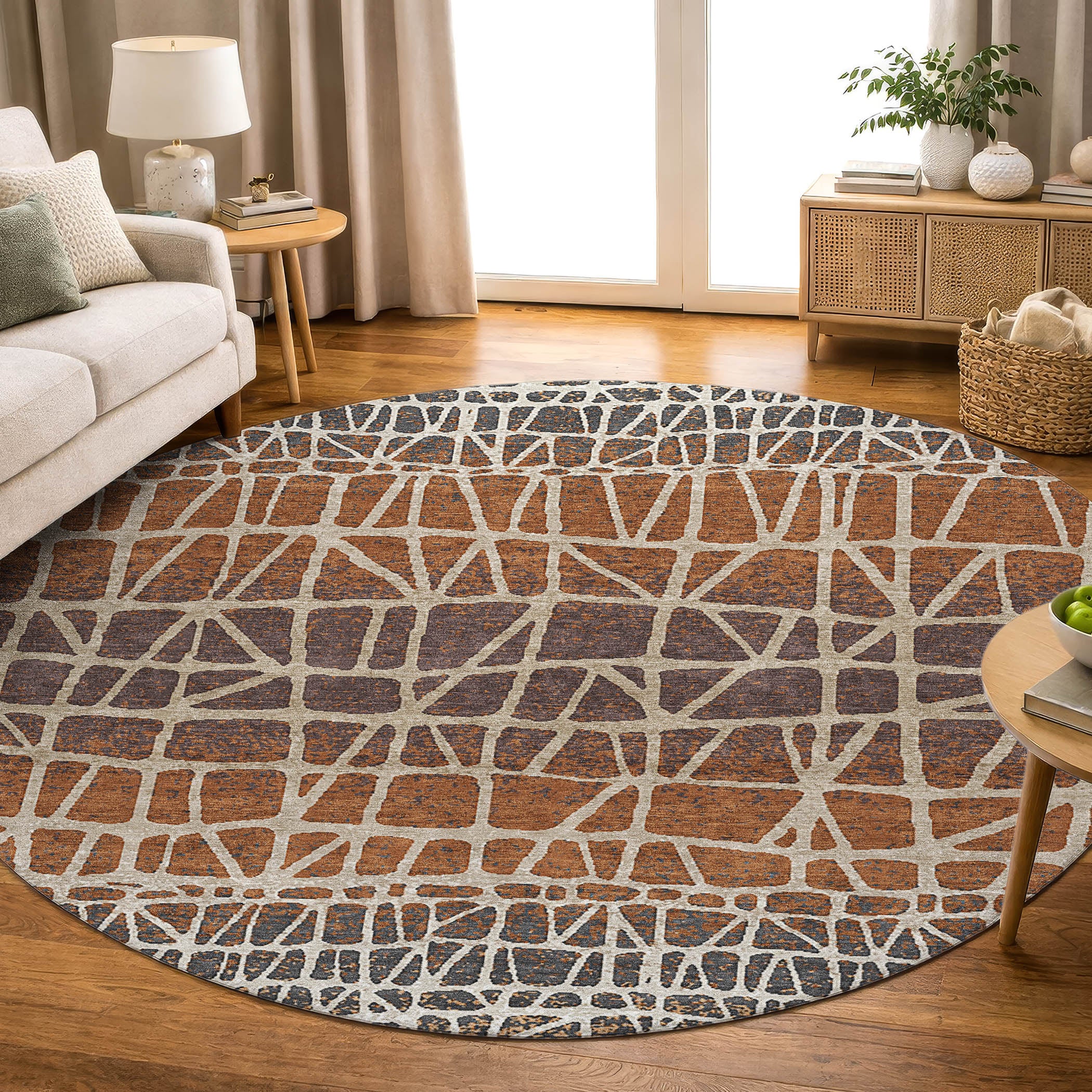Mdina Machine Washable Transitional Copper Orange Rug 8' x 8' #shape_Round