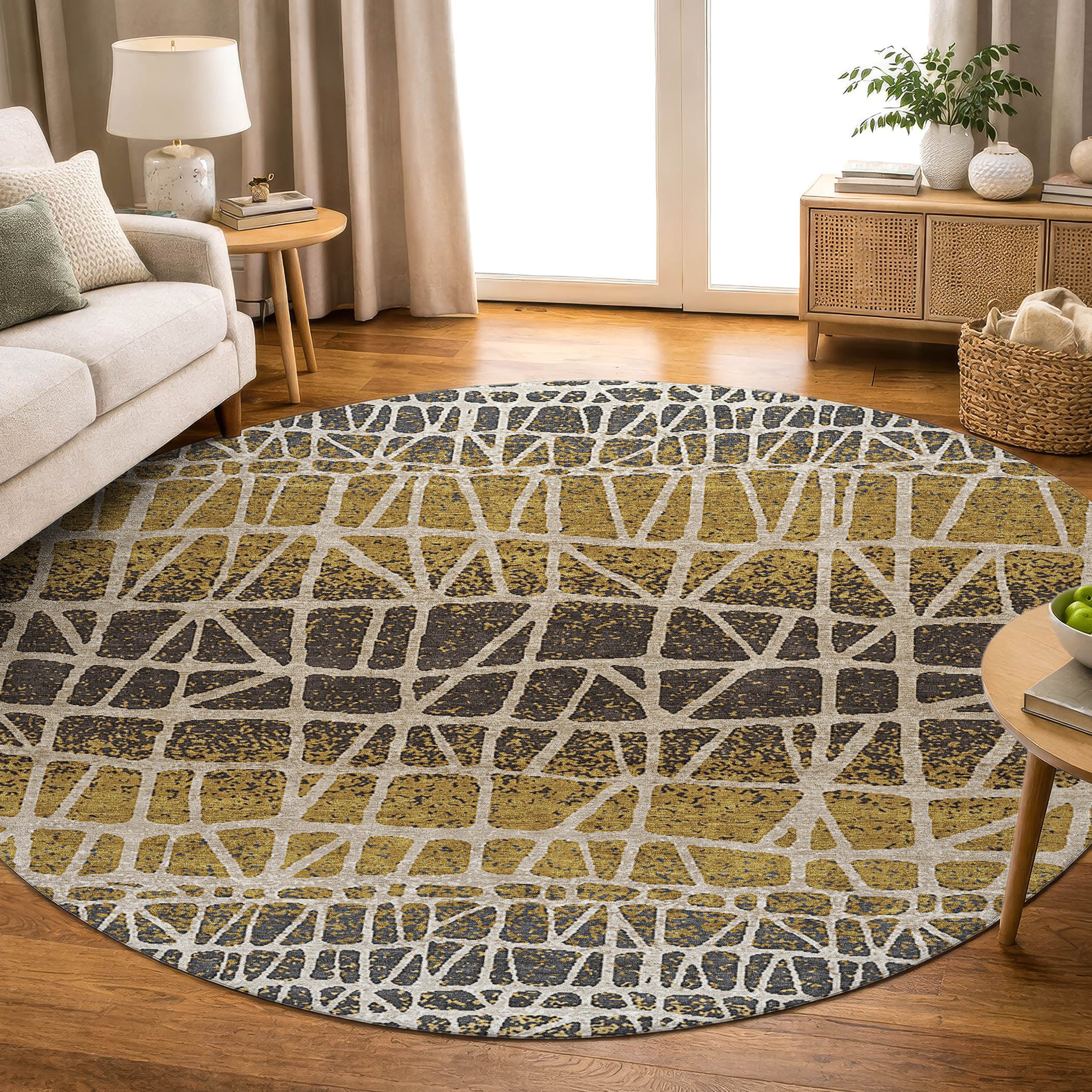 Mdina Machine Washable Transitional Gold Rug 8' x 8' #shape_Round