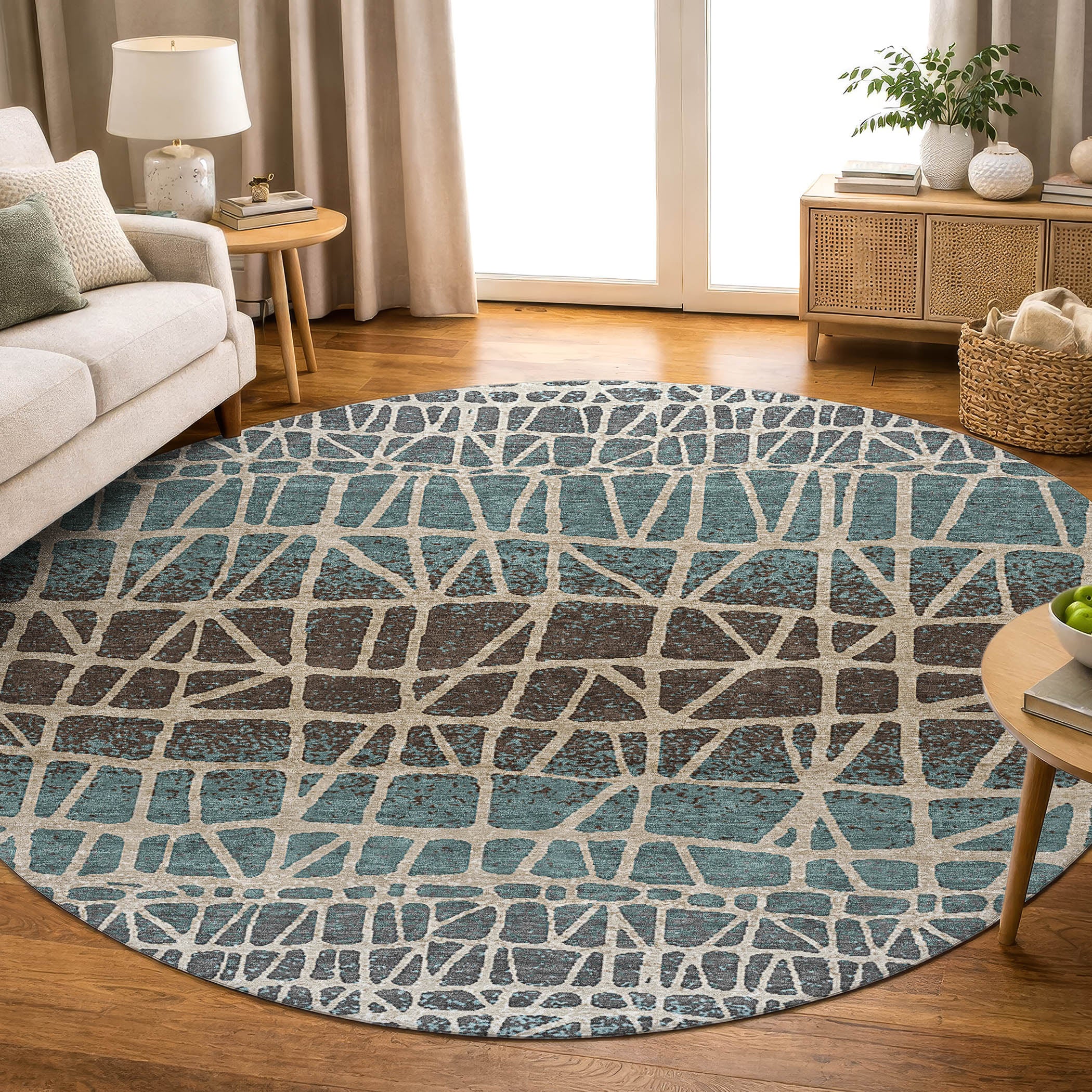 Mdina Machine Washable Transitional Teal Rug 8' x 8' #shape_Round