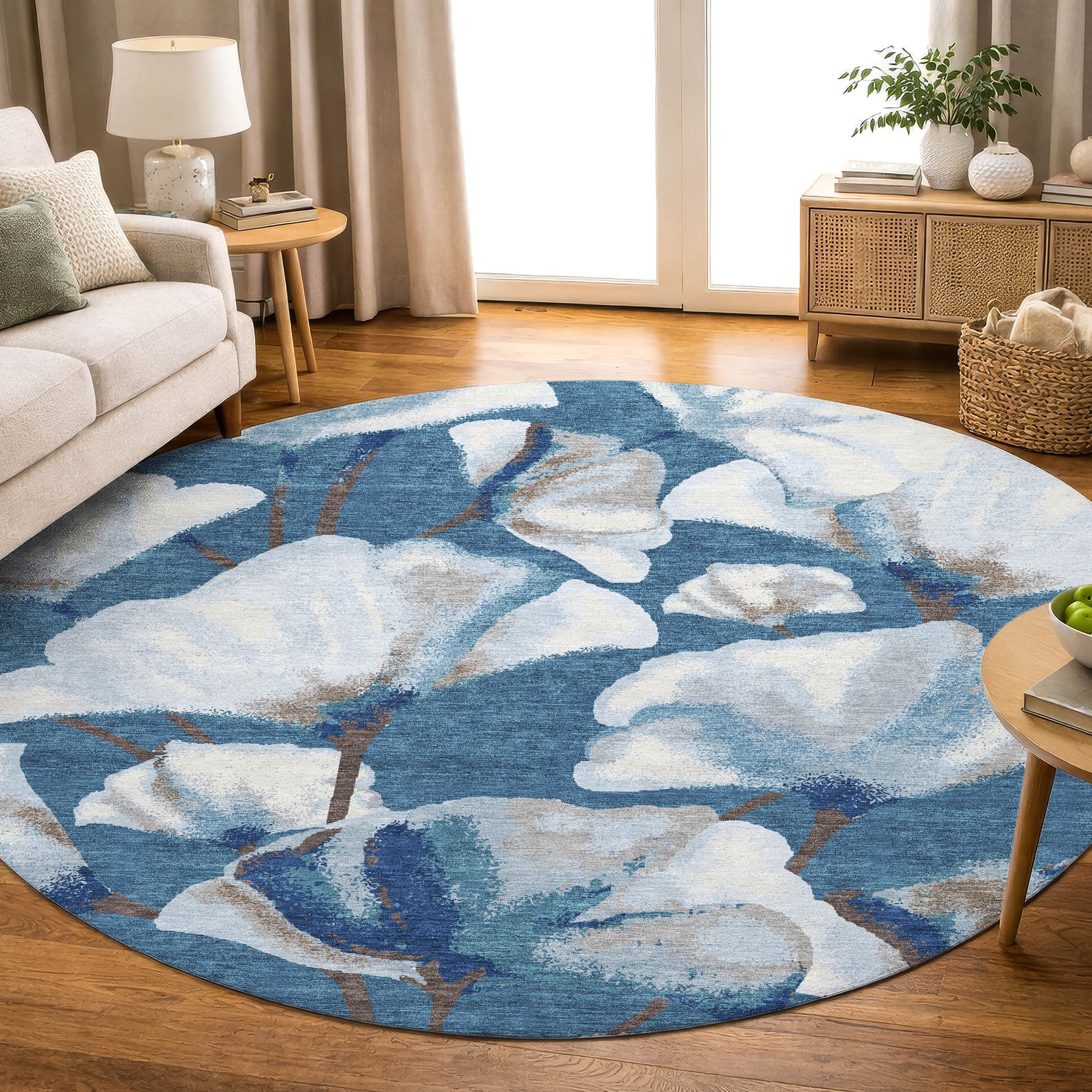 Mostar Machine Washable Transitional Blue Rug 8' x 8' #shape_Round