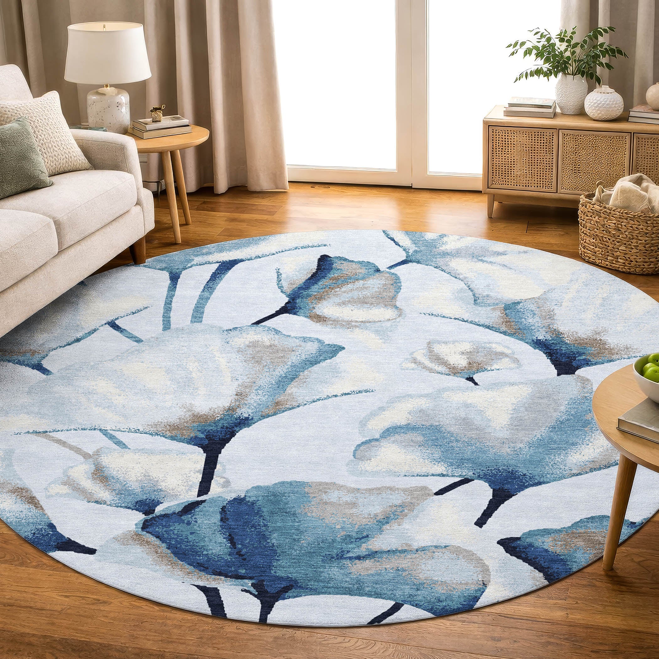 Mostar Machine Washable Transitional Sky Blue Rug 8' x 8' #shape_Round