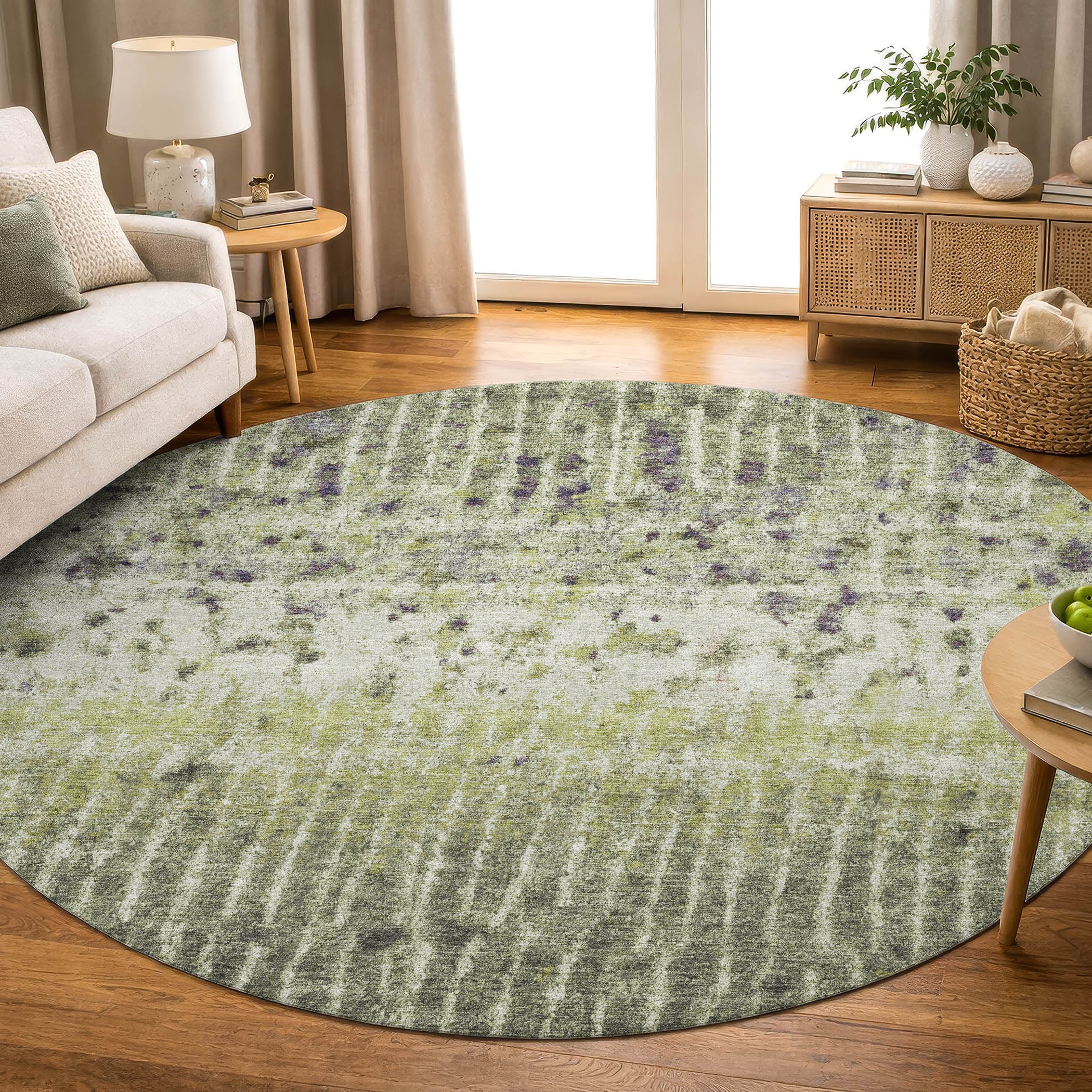 Antigua Machine Washable Transitional Olive Green Rug 8' x 8' #shape_Round