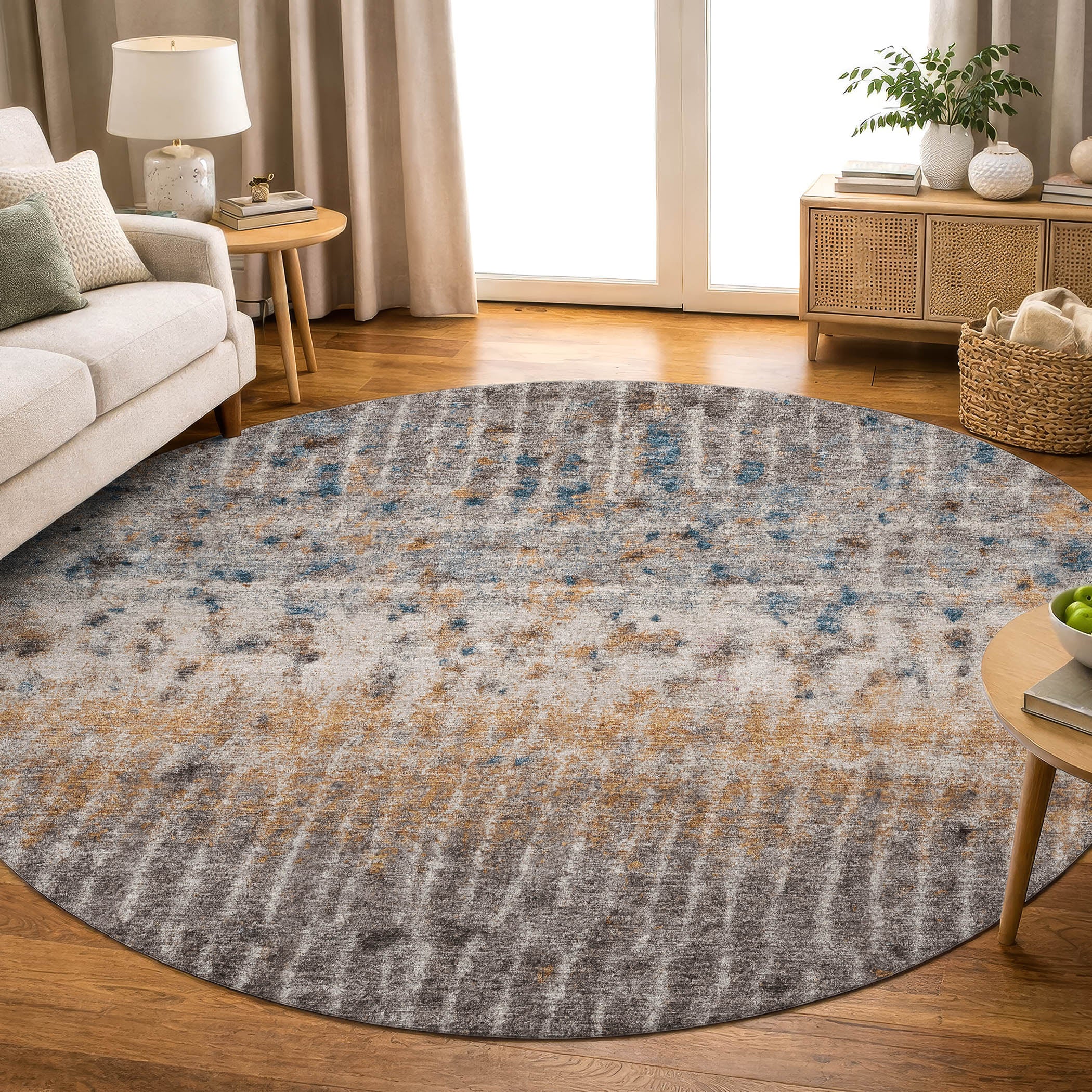 Antigua Machine Washable Transitional Taupe Brown Rug 8' x 8' #shape_Round