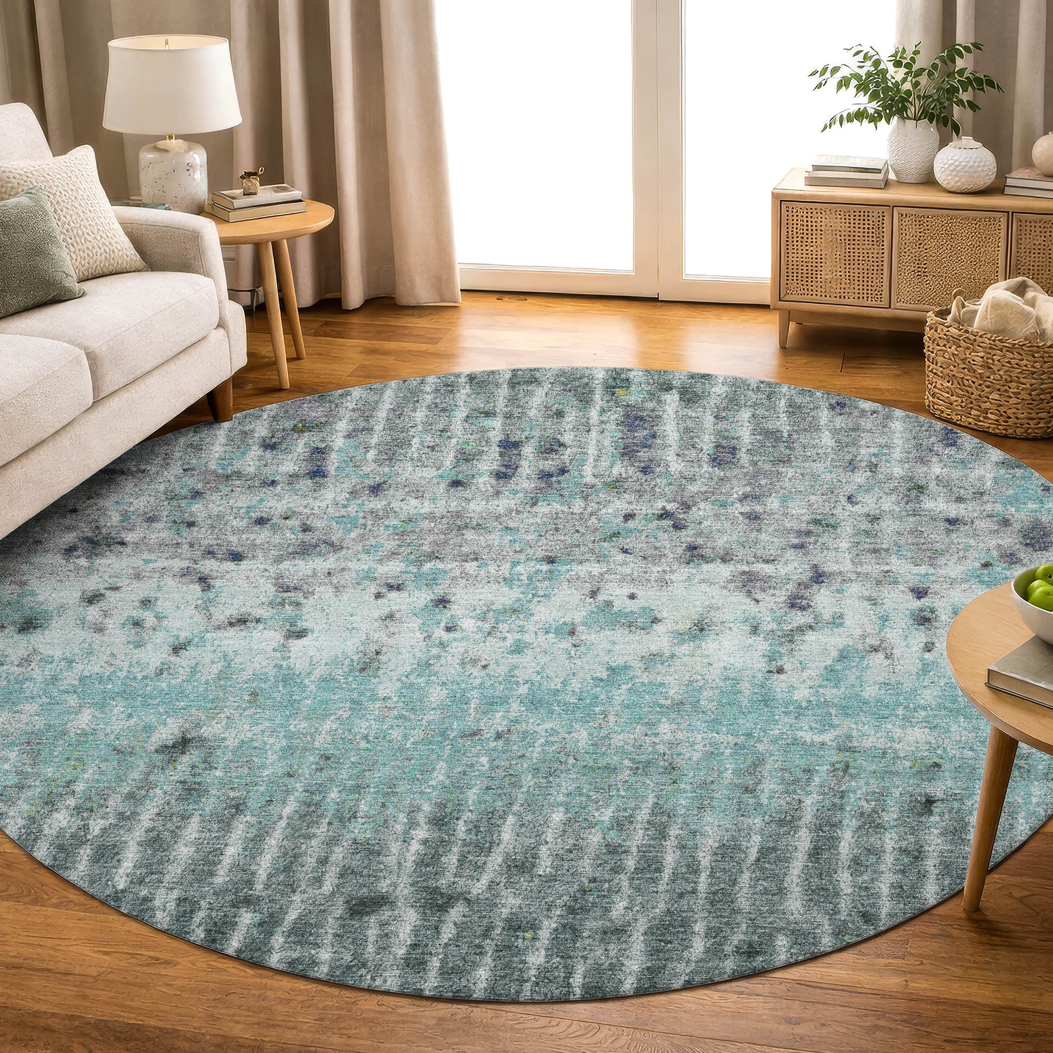 Antigua Machine Washable Transitional Teal Rug 8' x 8' #shape_Round
