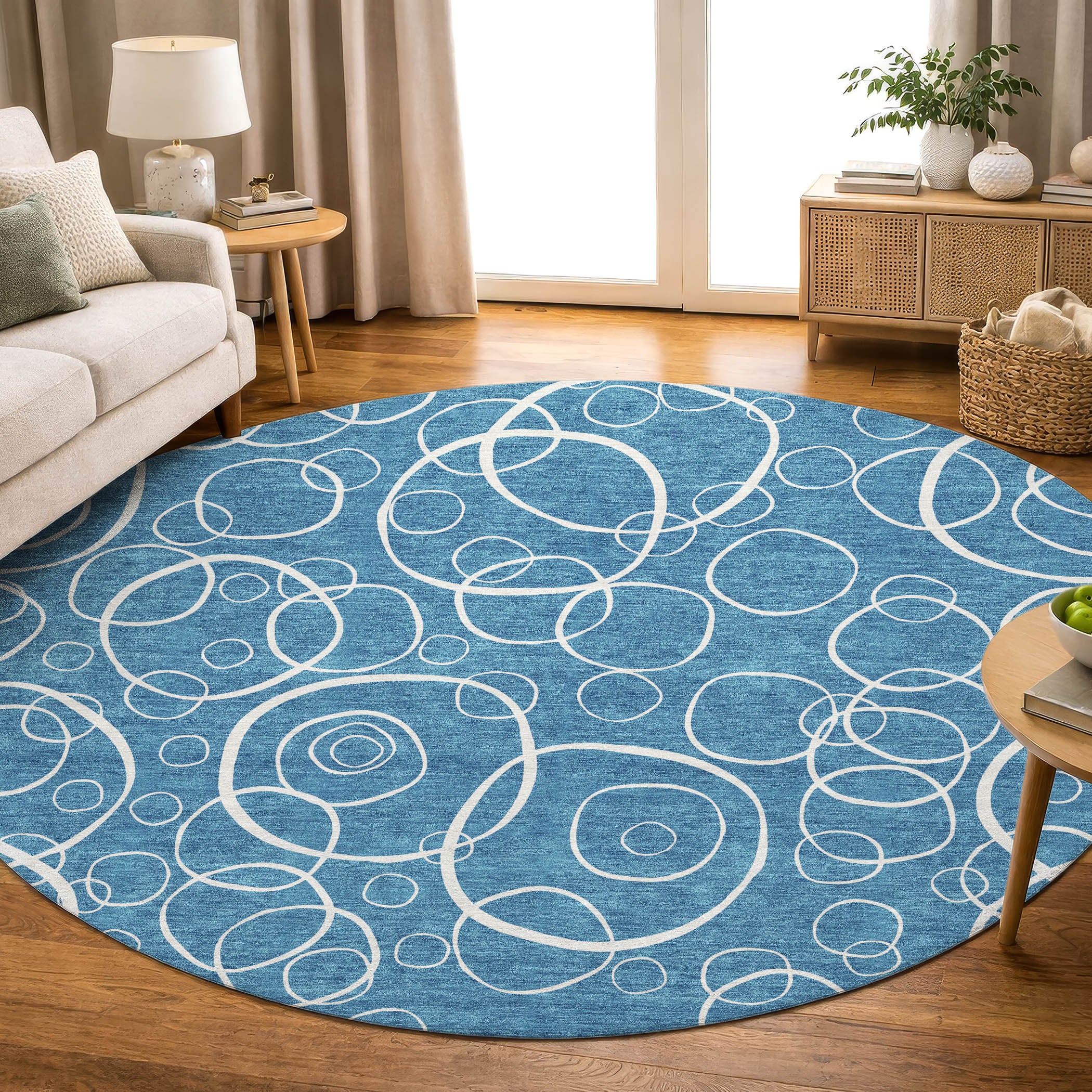 Cusco Machine Washable Transitional Teal Rug 8' x 8' #shape_Round