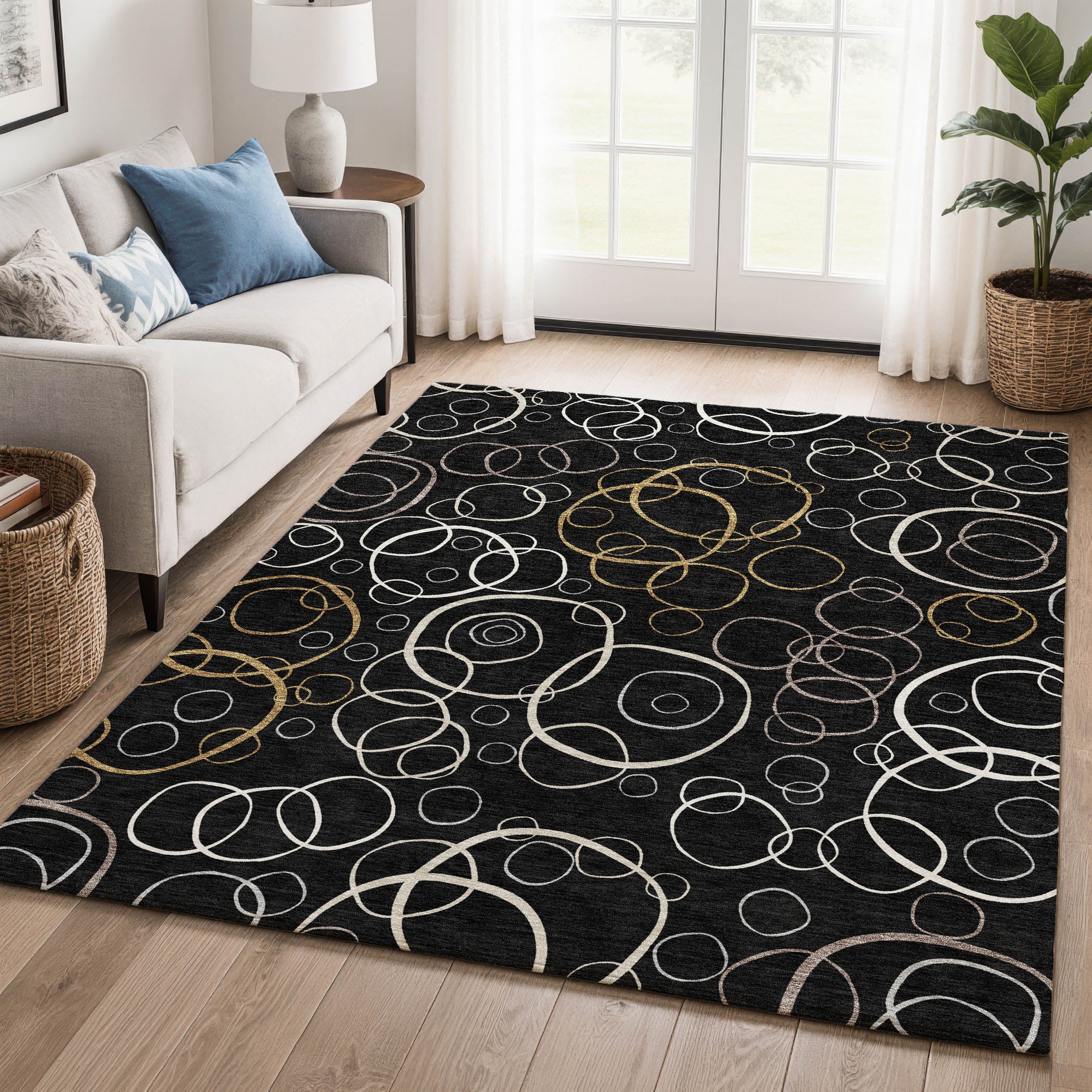 Porto Machine Washable Transitional Black Rug 3' x 5' #shape_Rectangle