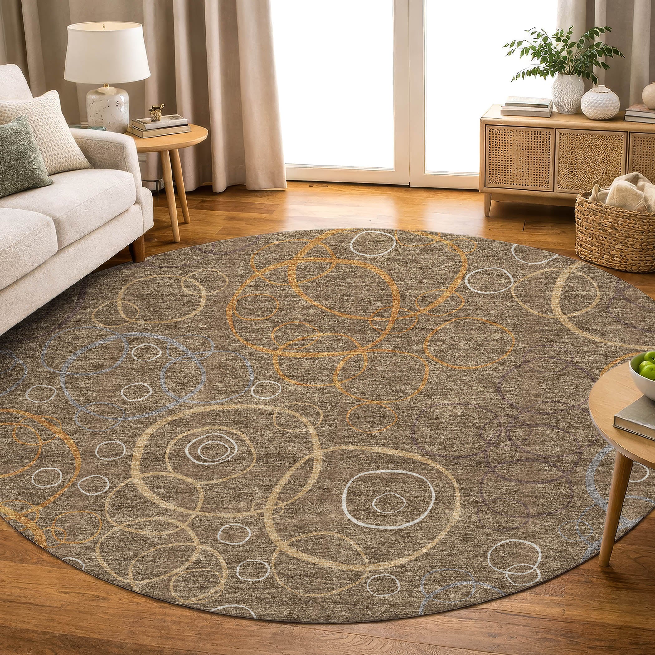 Porto Machine Washable Transitional Brown Rug 8' x 8' #shape_Round