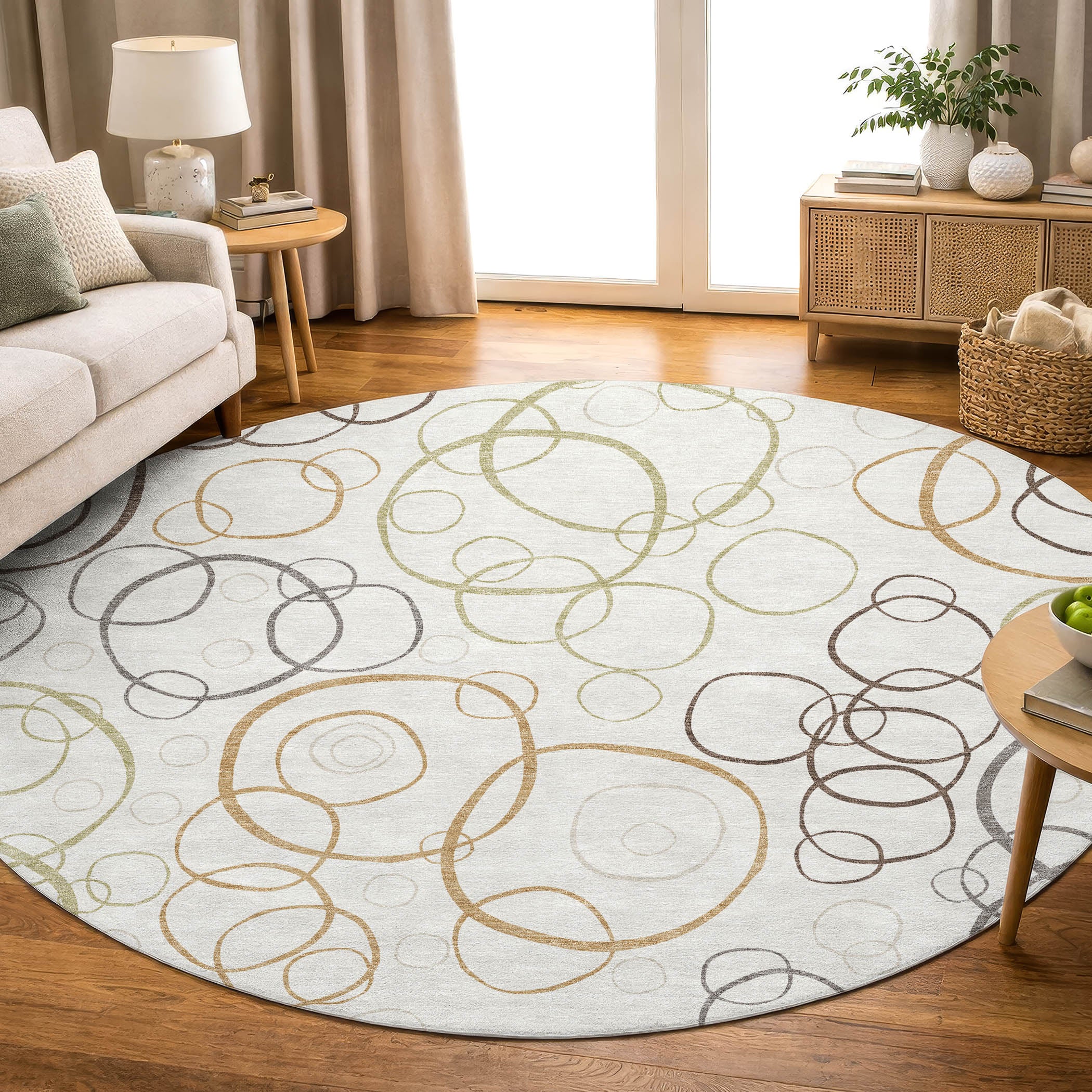 Porto Machine Washable Transitional Ivory Rug 8' x 8' #shape_Round