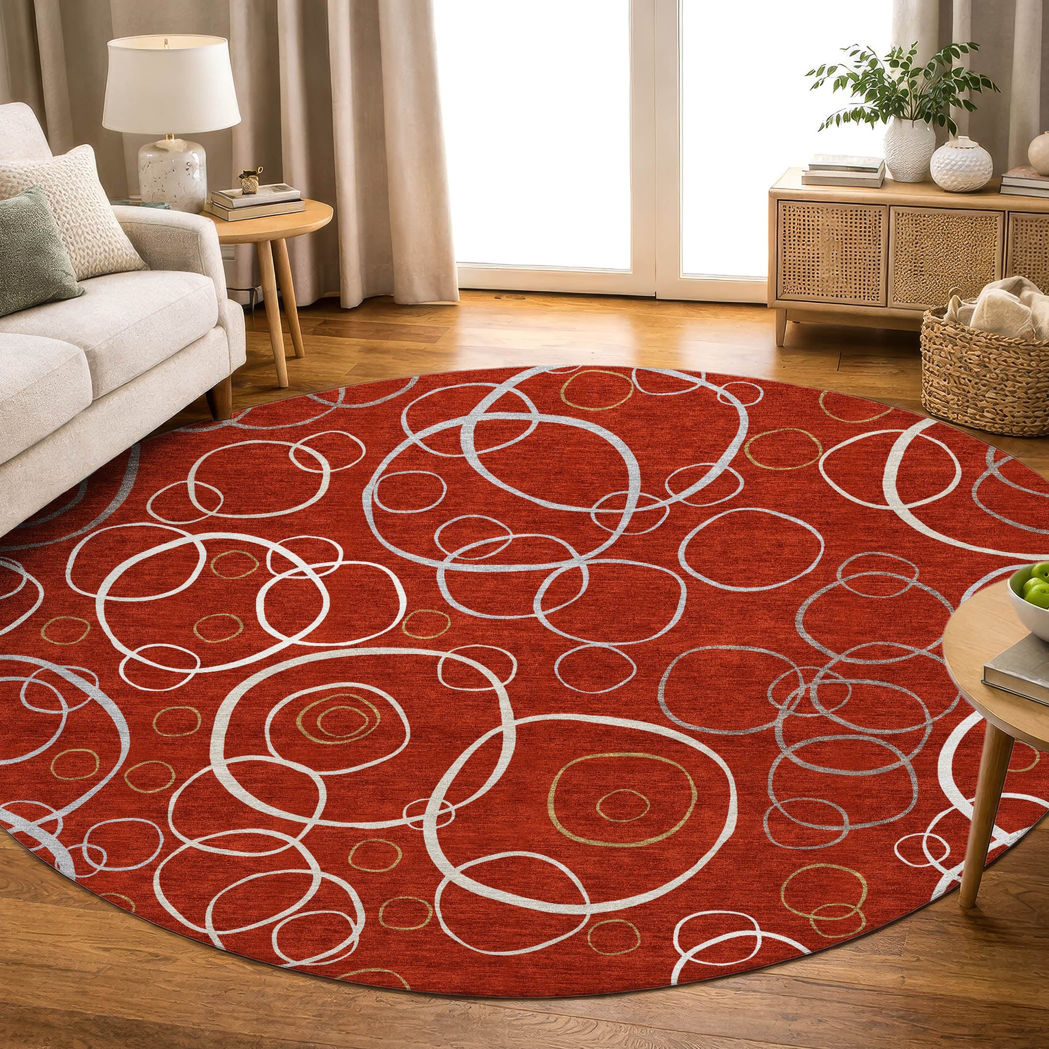Porto Machine Washable Transitional Red Rug 8' x 8' #shape_Round
