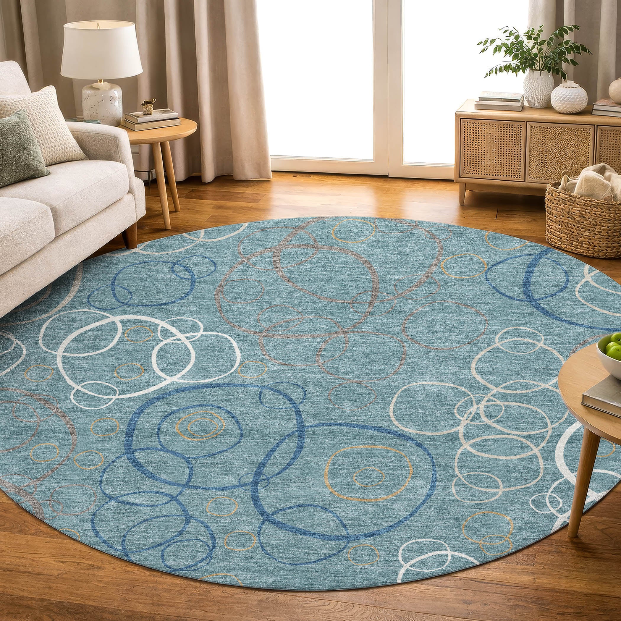 Porto Machine Washable Transitional Teal Rug 8' x 8' #shape_Round