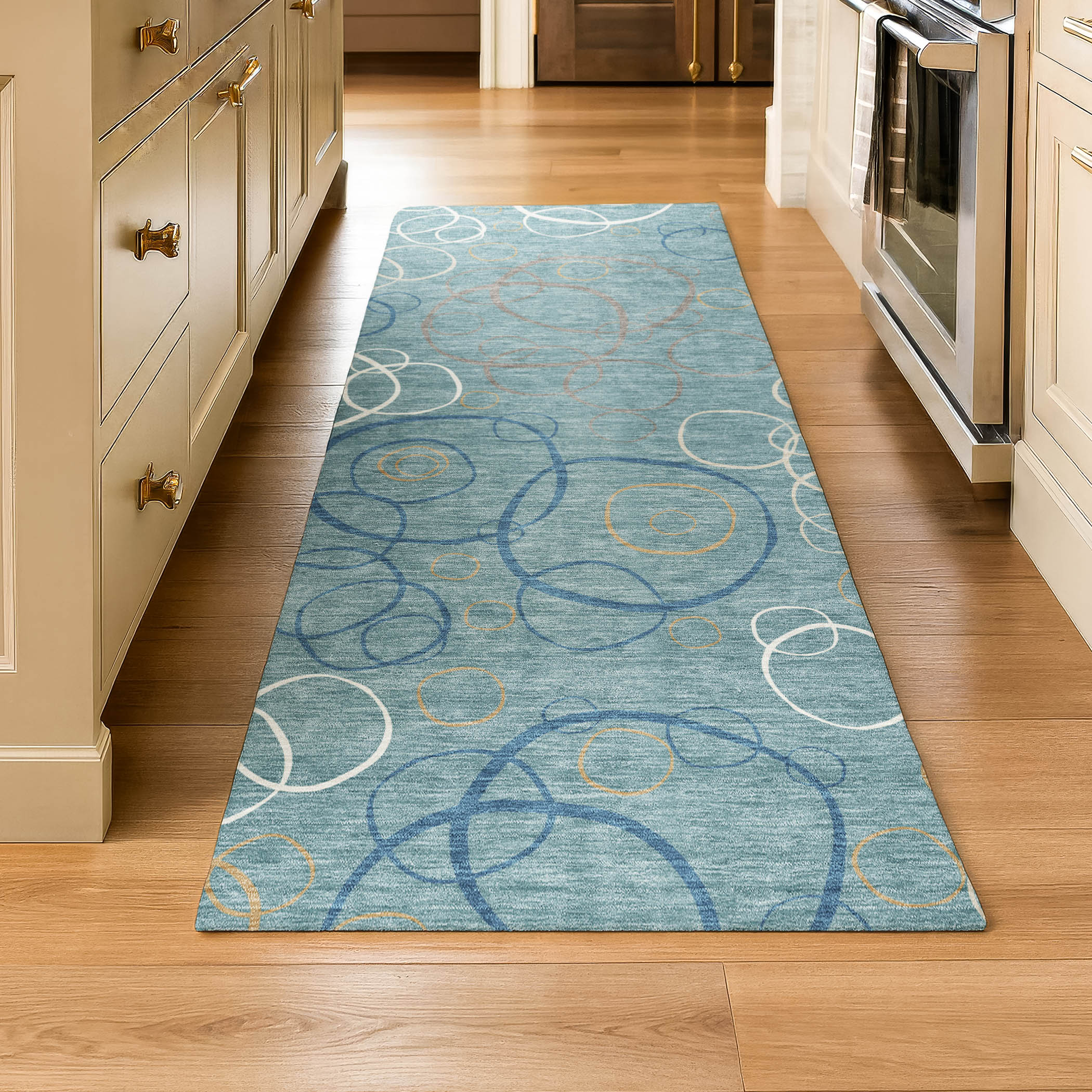 Porto Machine Washable Transitional Teal Rug 2'3" x 7'6" #shape_Runner