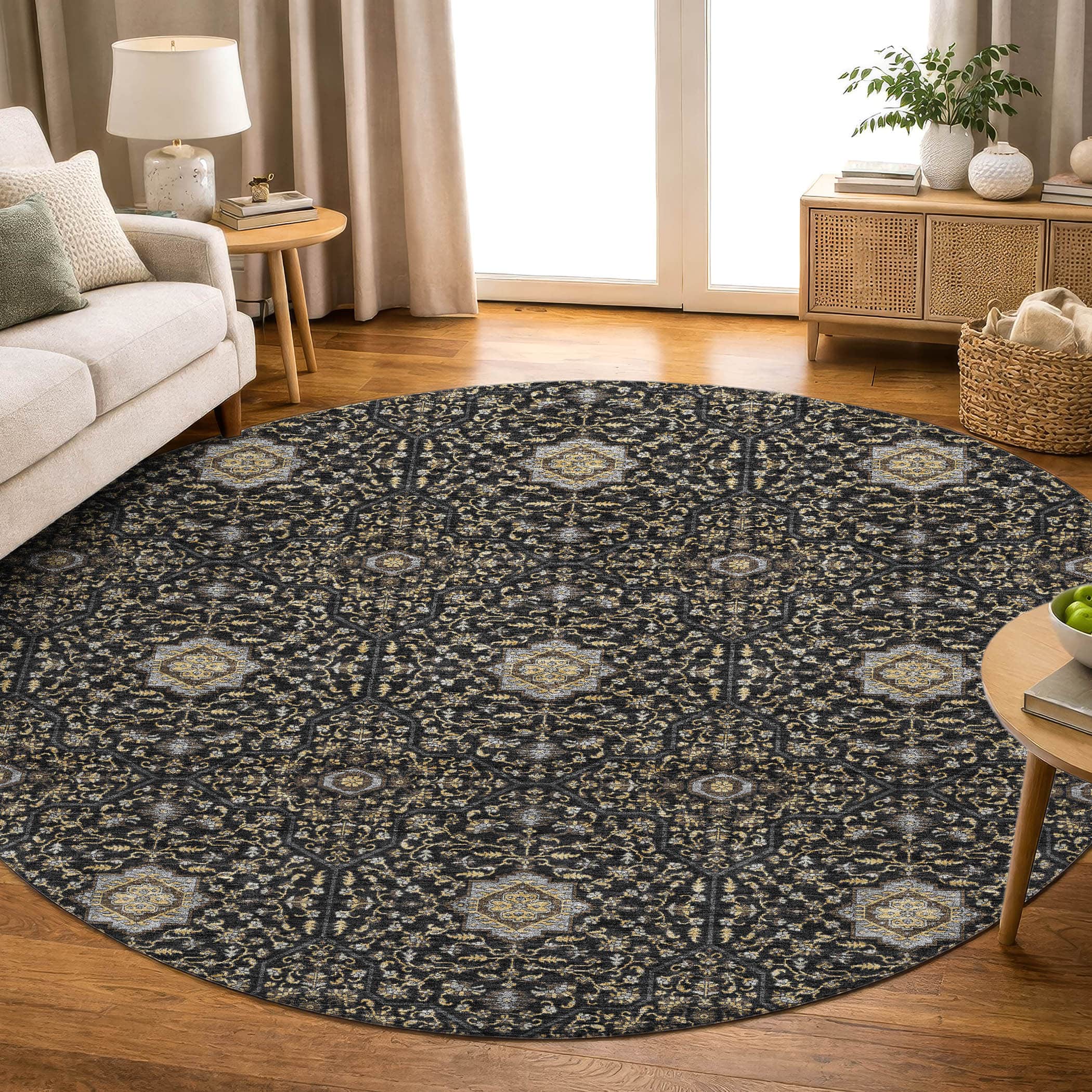 Kotor Machine Washable Transitional Black Rug 8' x 8' #shape_Round