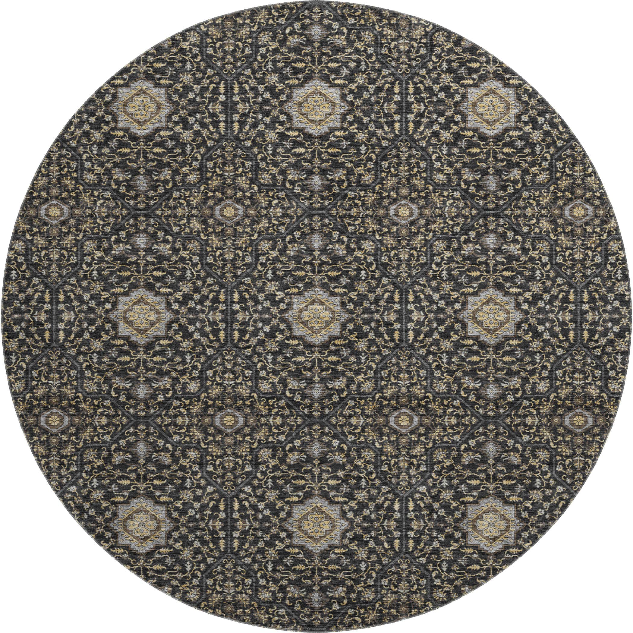 Kotor Machine Washable Transitional Black Rug 8' x 8' #shape_Round