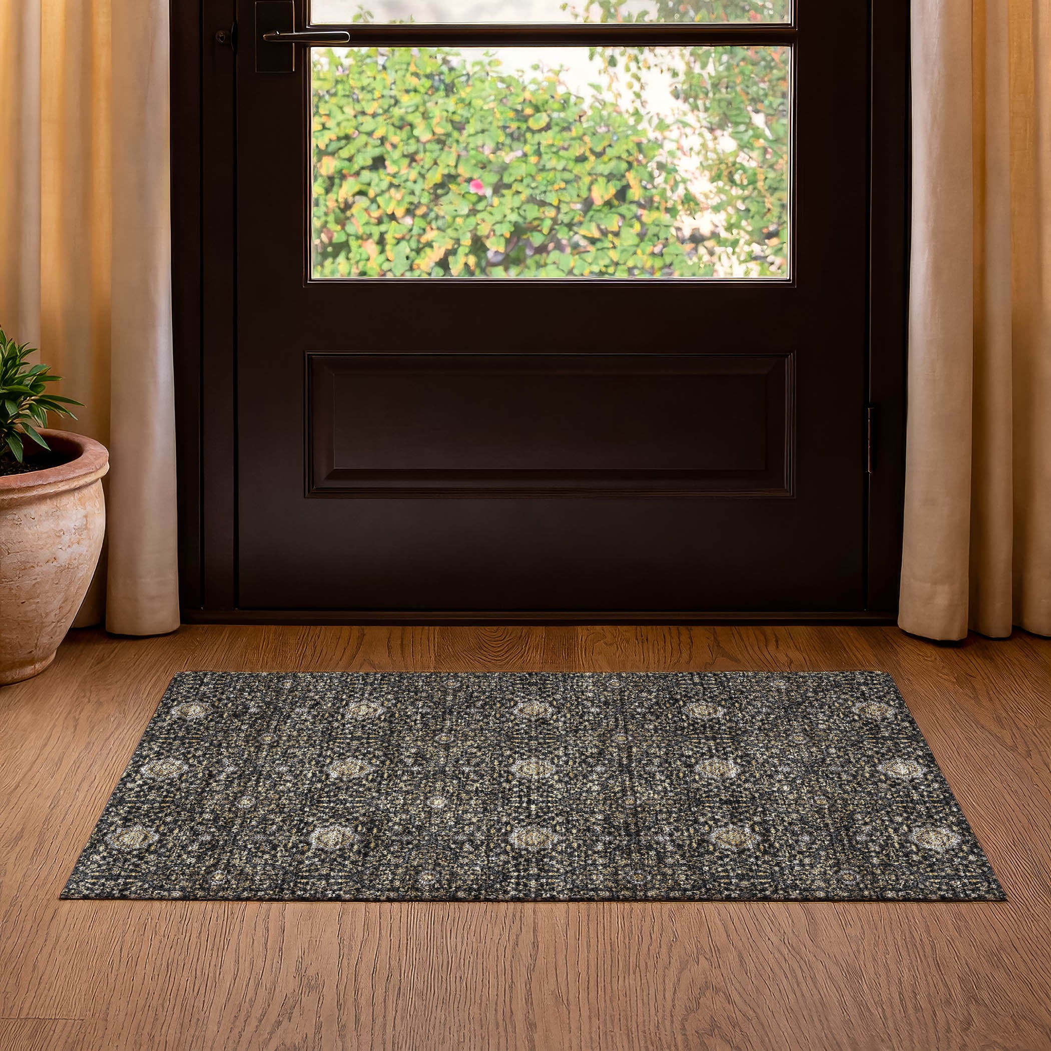 Kotor Machine Washable Transitional Black Rug 1'8" x 2'6" #shape_Rectangle