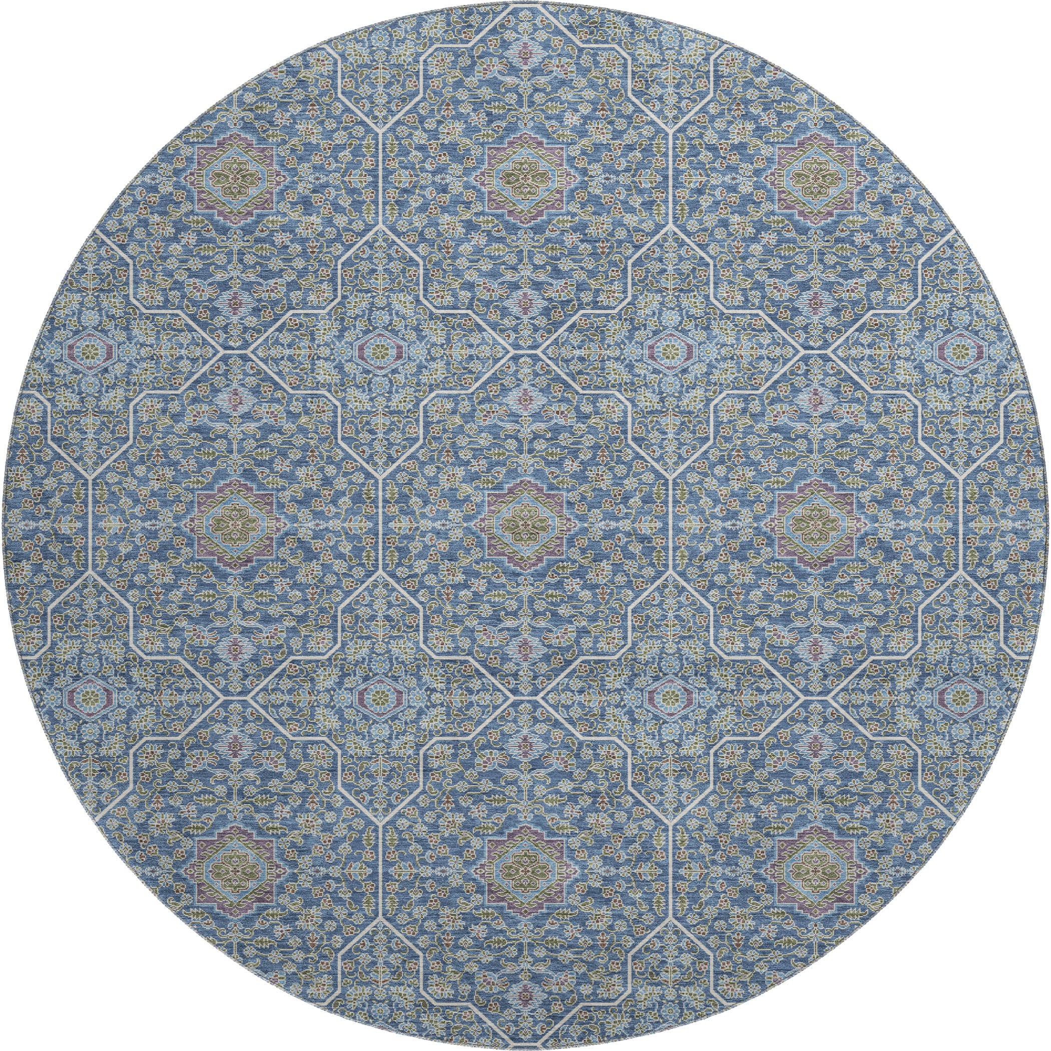 Kotor Machine Washable Transitional Navy Blue Rug 8' x 8' #shape_Round
