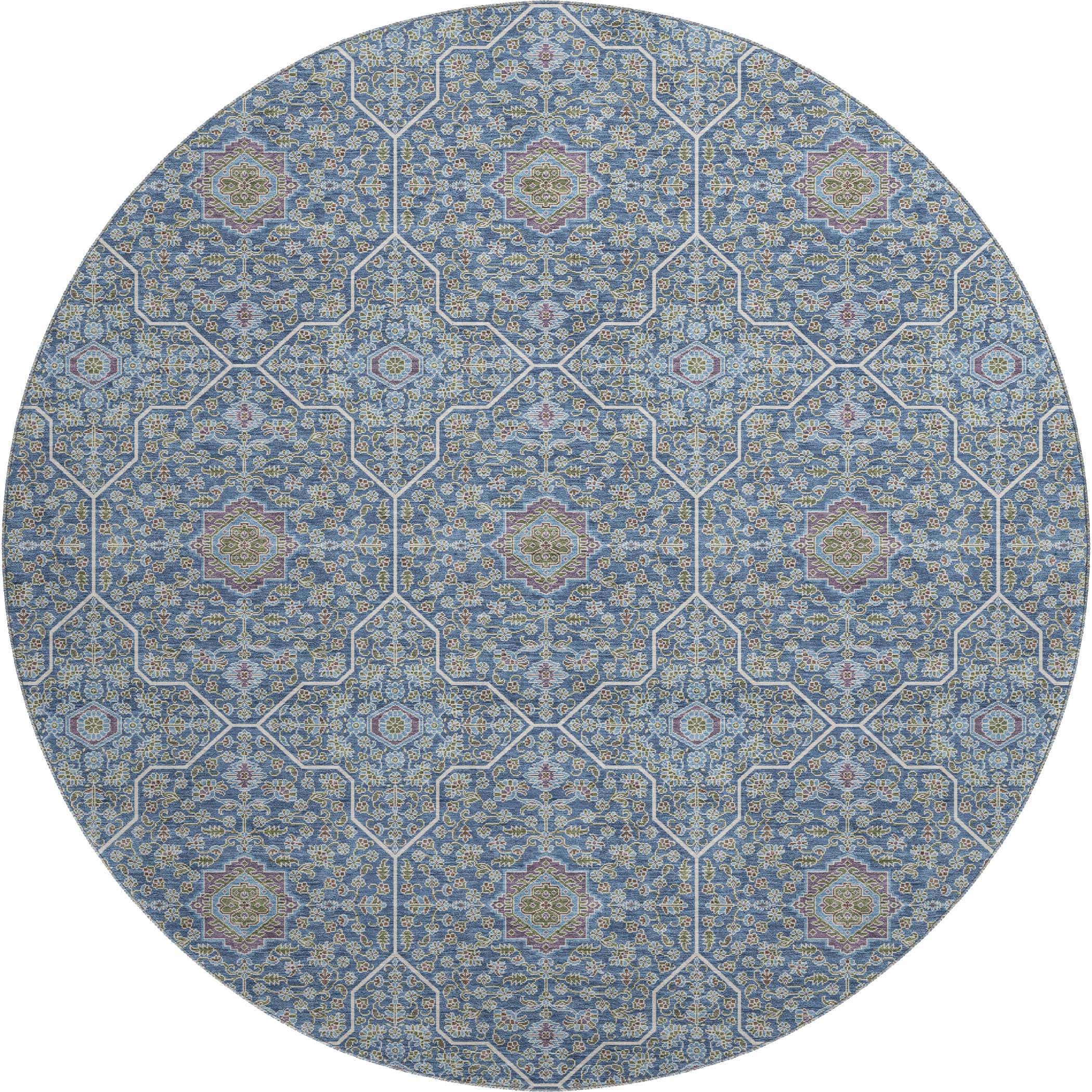 Kotor Machine Washable Transitional Navy Blue Rug 8' x 8' #shape_Round