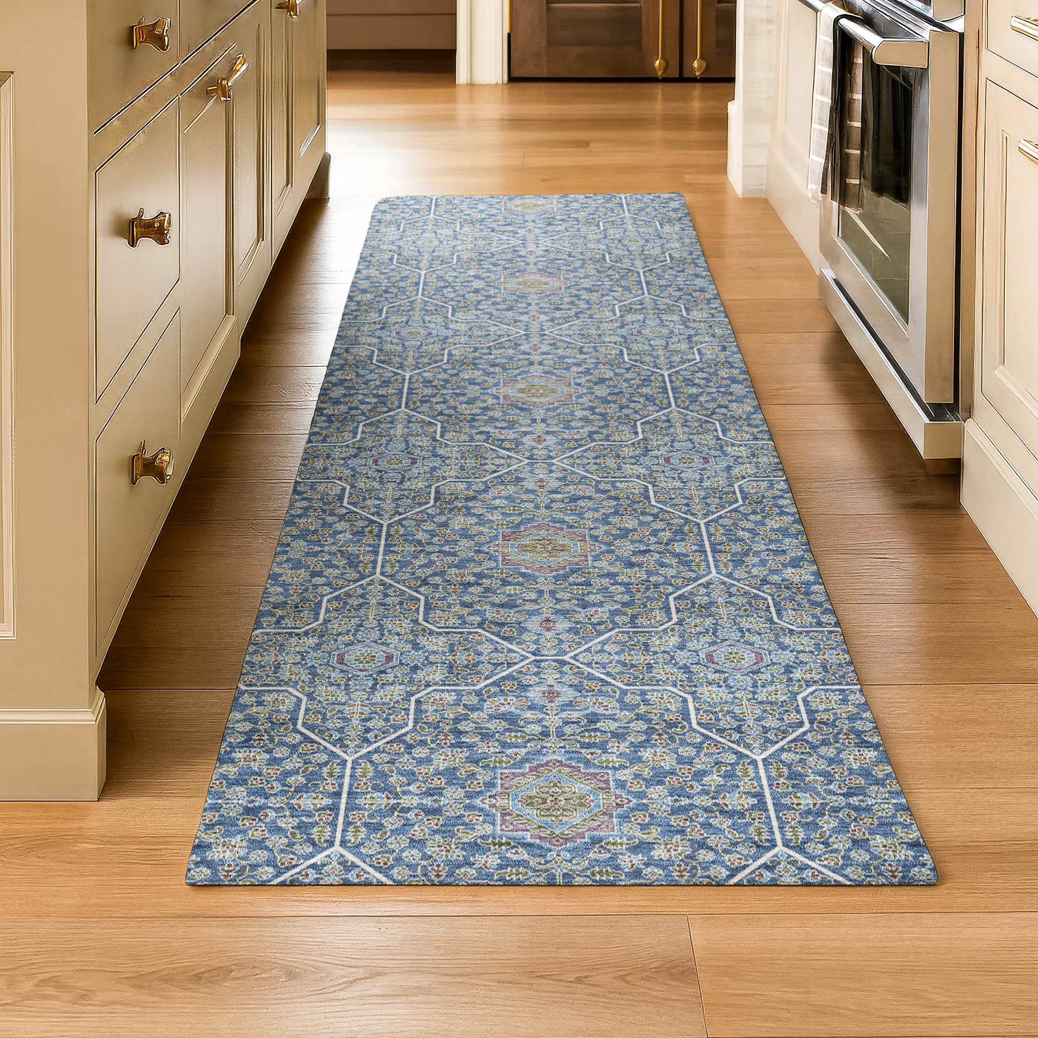 Kotor Machine Washable Transitional Navy Blue Rug 2'3" x 7'6" #shape_Runner