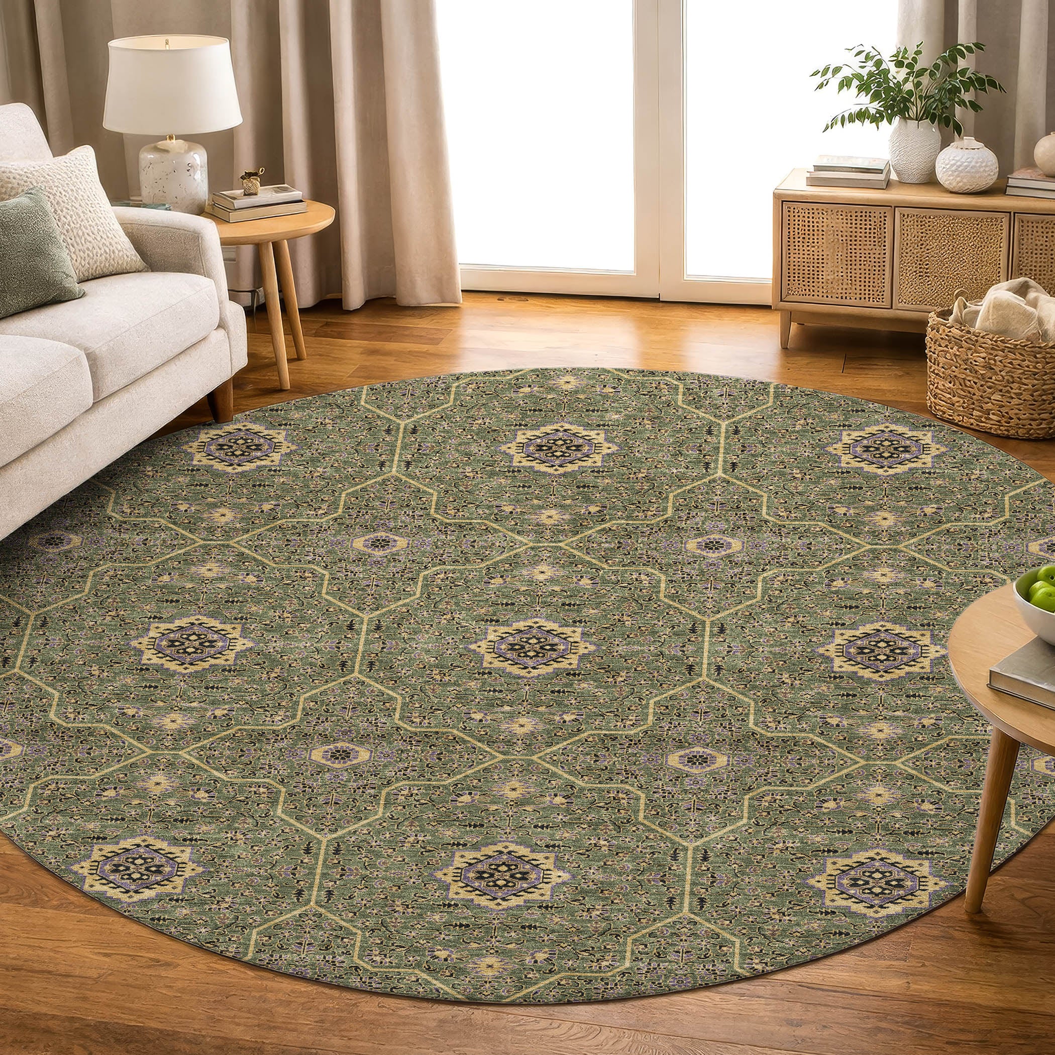 Kotor Machine Washable Transitional Olive Green Rug 8' x 8' #shape_Round