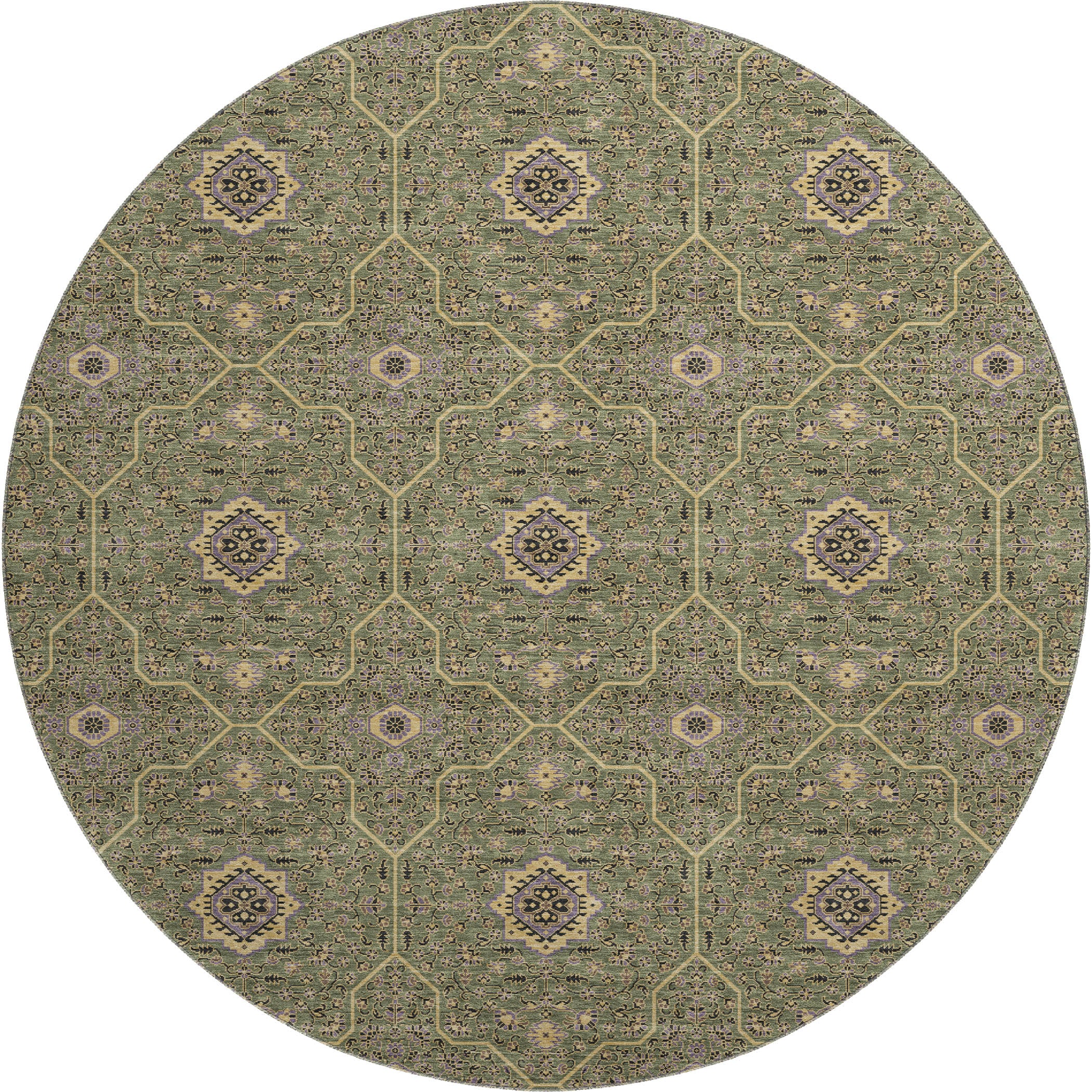 Kotor Machine Washable Transitional Olive Green Rug 8' x 8' #shape_Round