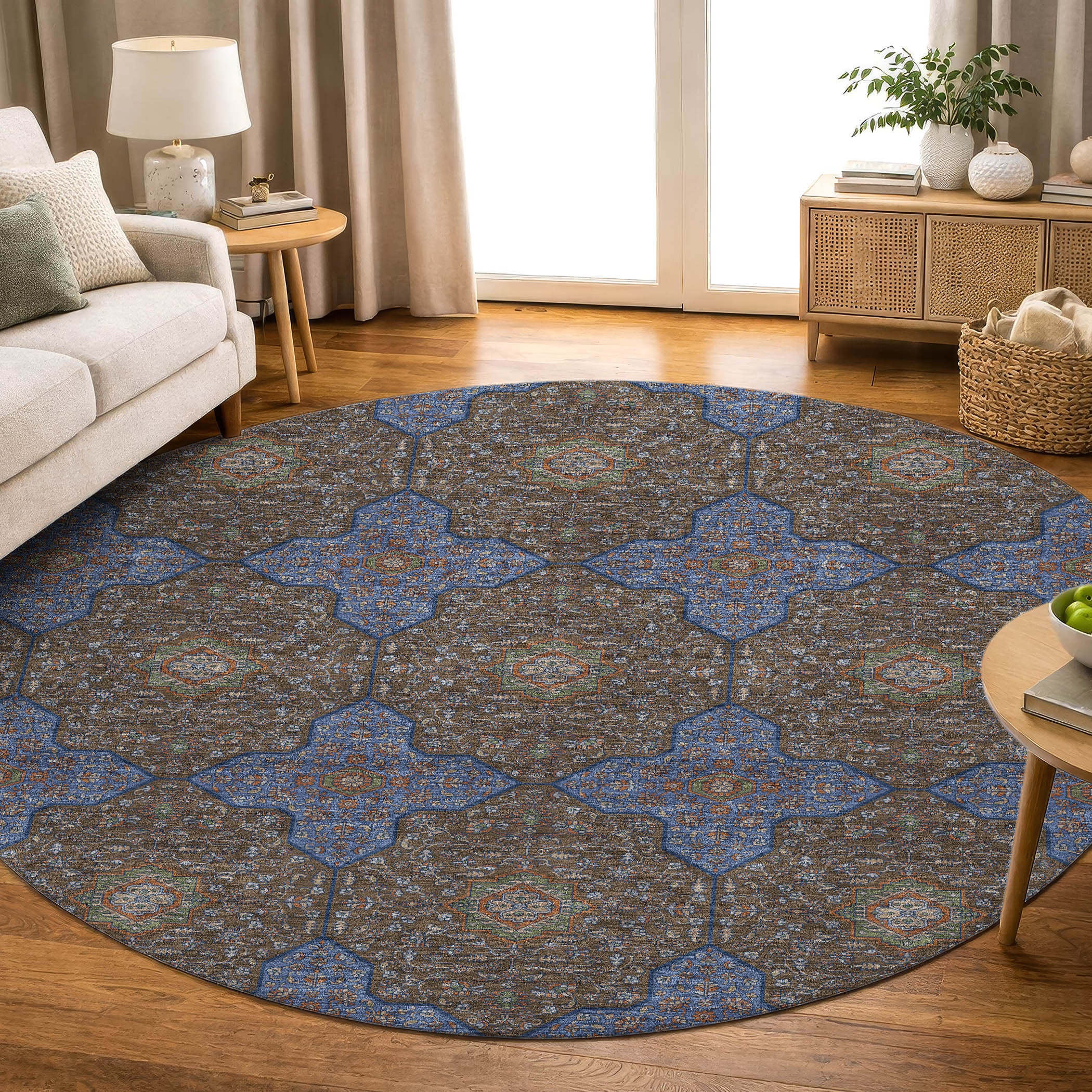 Cairo Machine Washable Contemporary Chocolate Brown Rug 8' x 8' #shape_Round