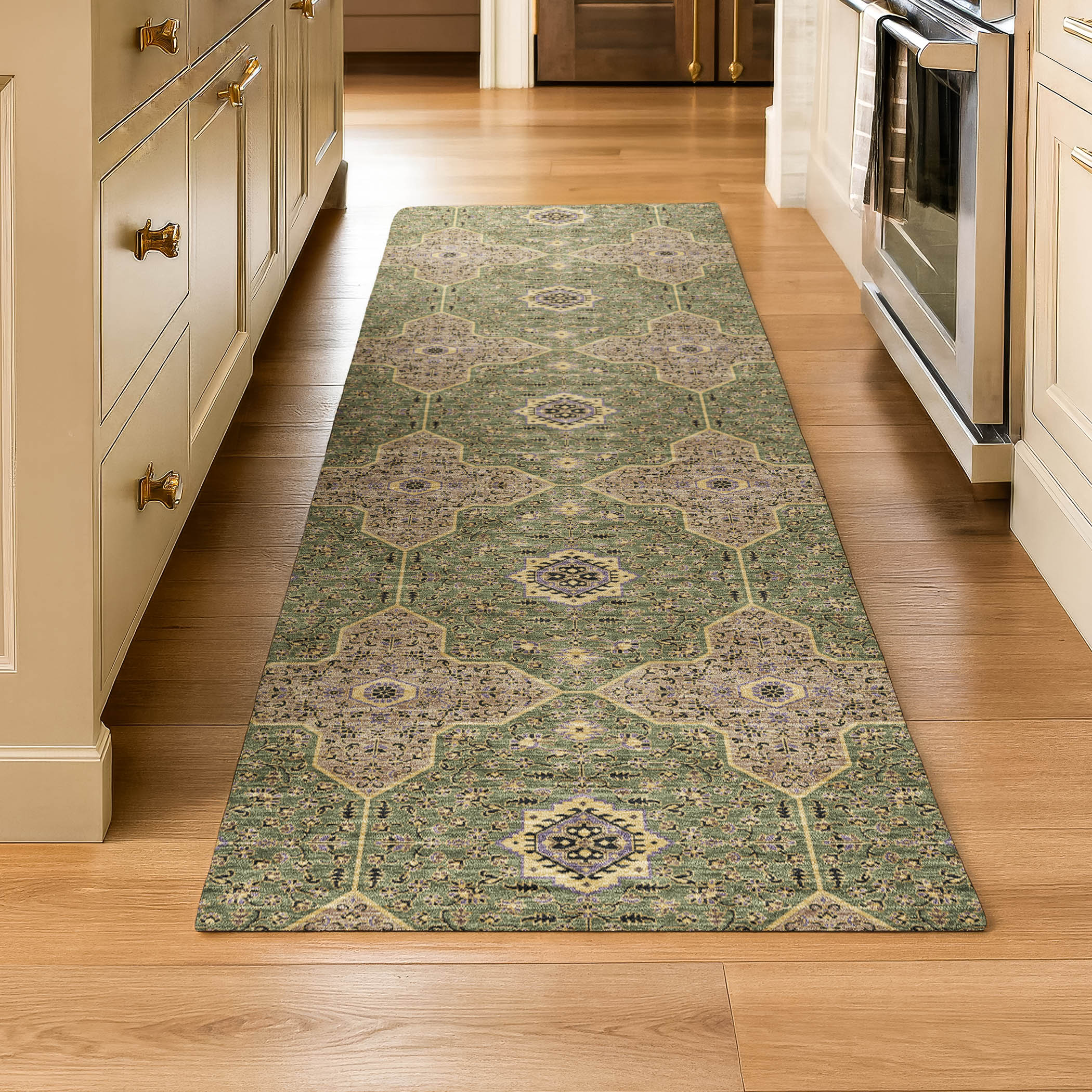 Cairo Machine Washable Contemporary Olive Green Rug 2'3" x 7'6" #shape_Runner