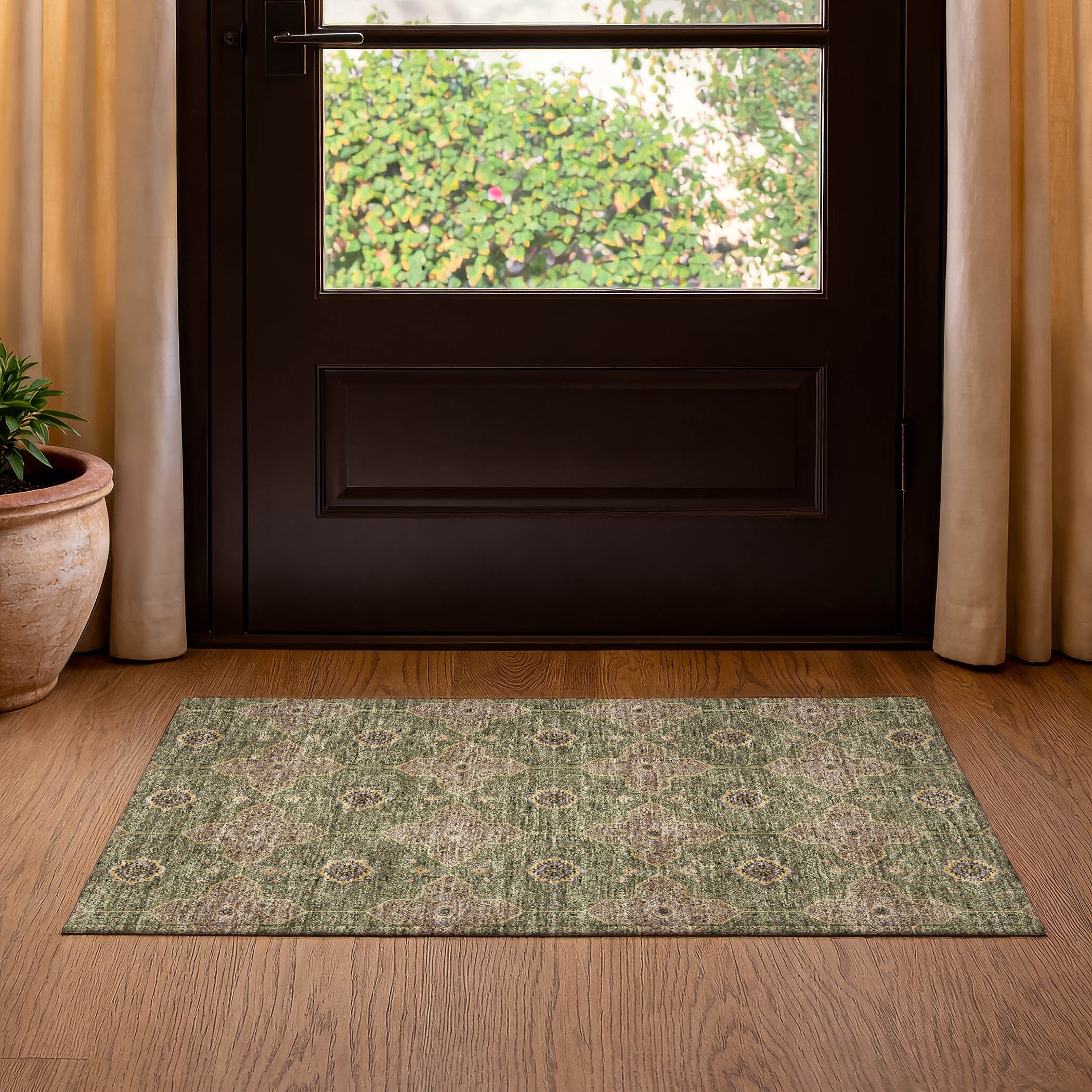 Cairo Machine Washable Contemporary Olive Green Rug 1'8" x 2'6" #shape_Rectangle