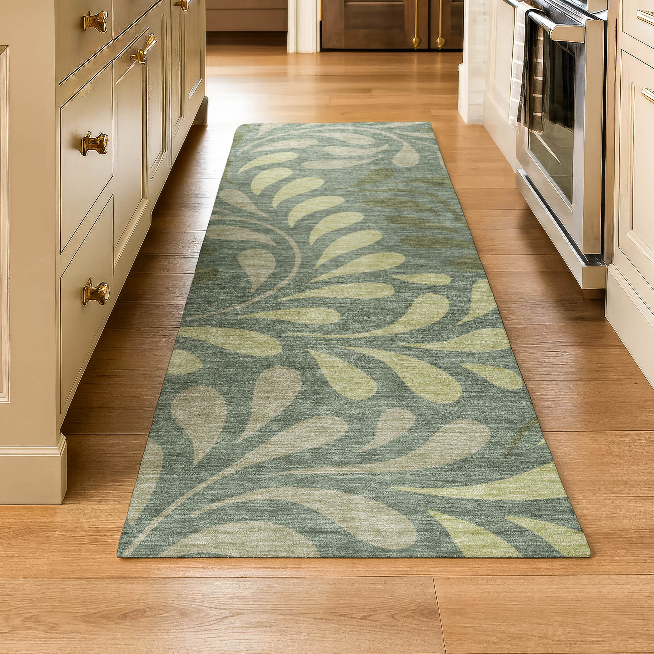 Split Machine Washable Contemporary Basil Green Rug 2'3" x 7'6" #shape_Runner
