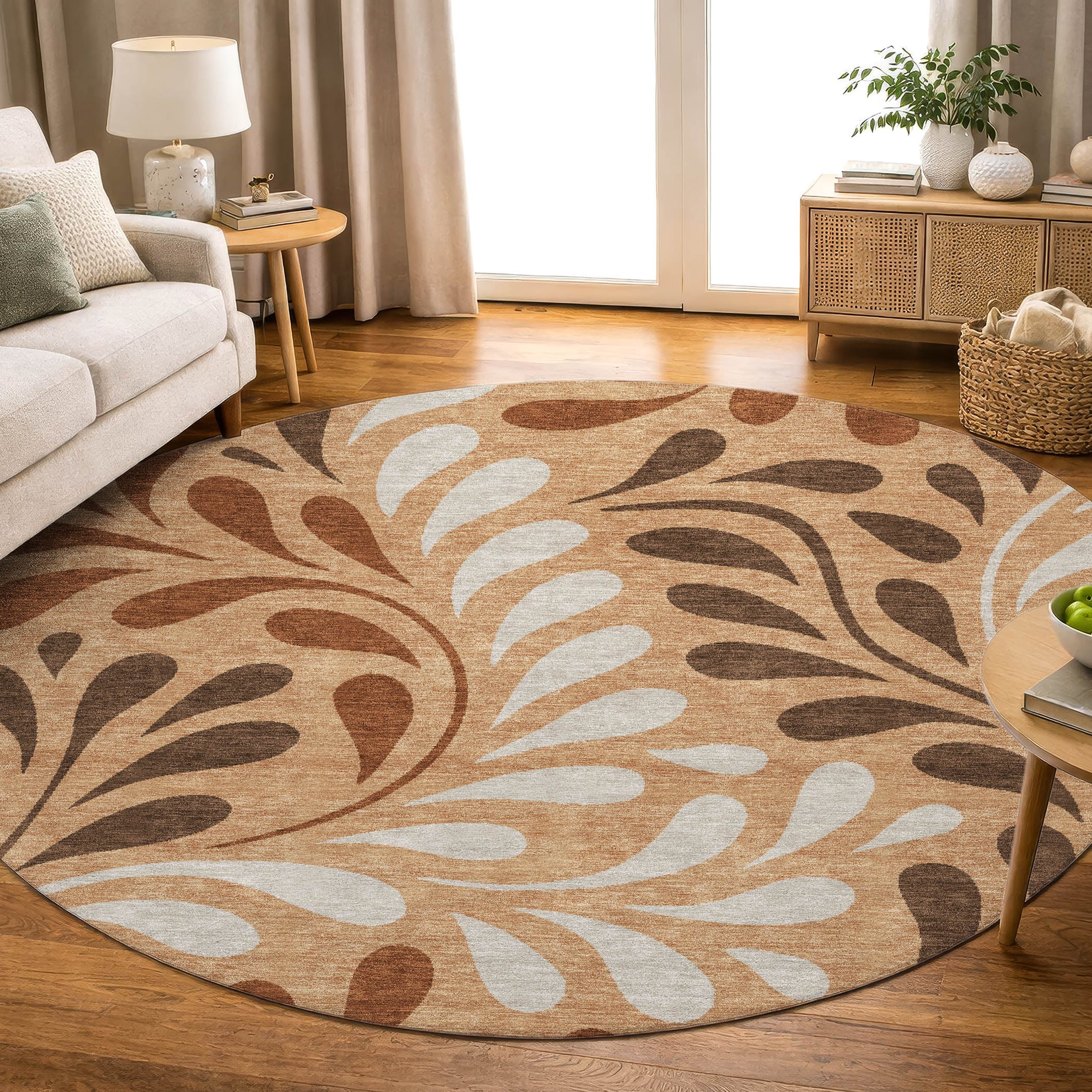Split Machine Washable Contemporary Copper Orange Rug 8' x 8' #shape_Round