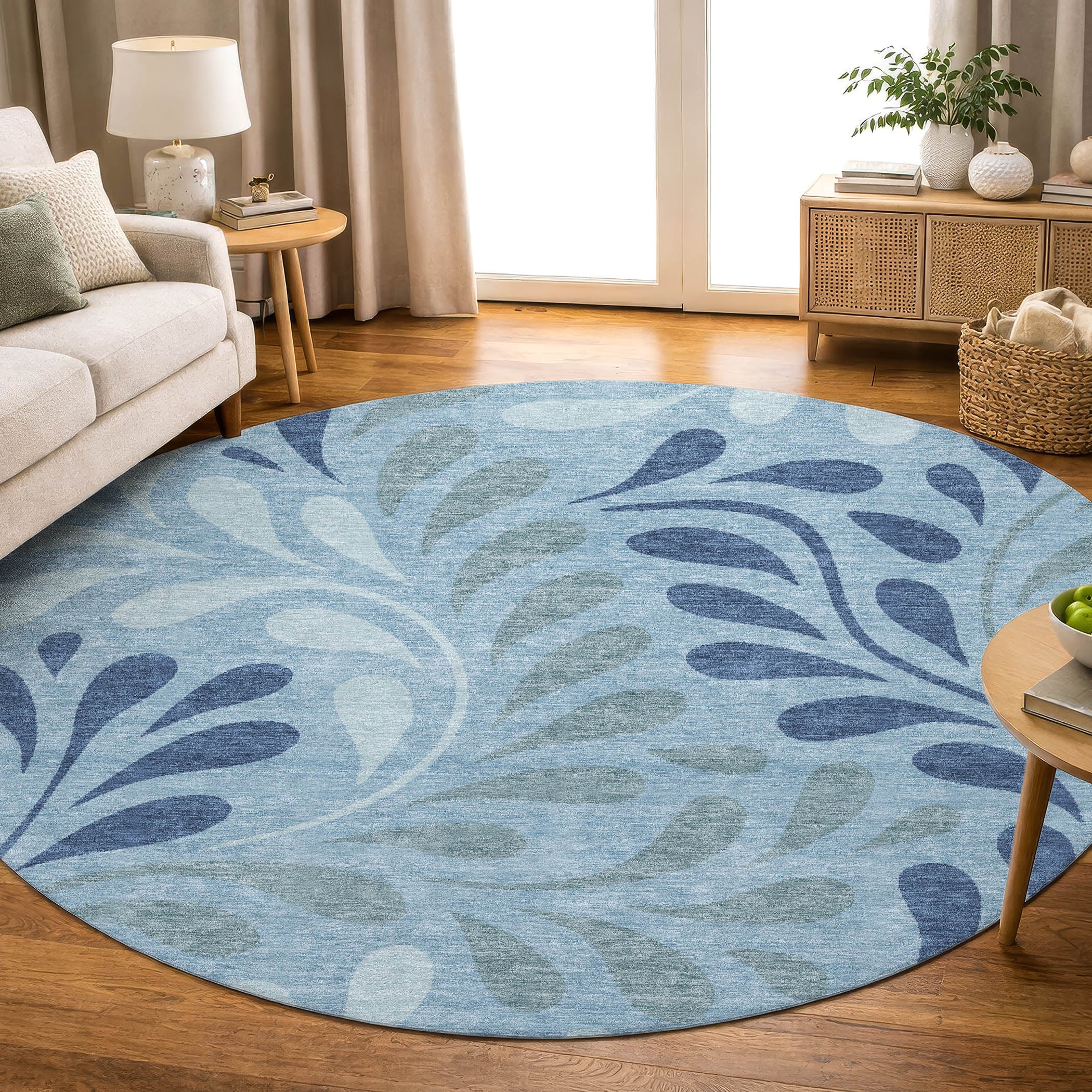 Split Machine Washable Transitional Denim Blue Rug 8' x 8' #shape_Round