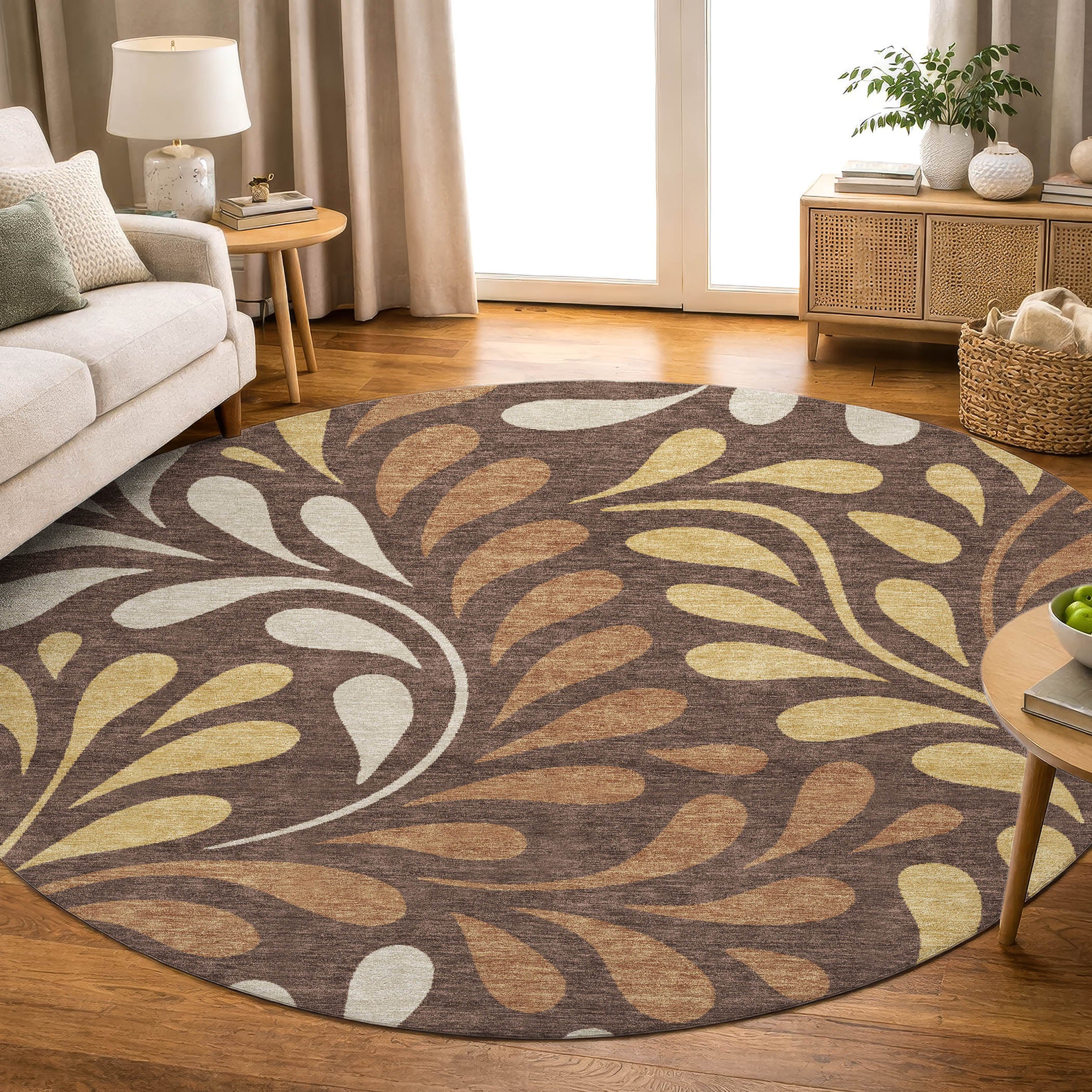Split Machine Washable Transitional Fudge Brown Rug 8' x 8' #shape_Round