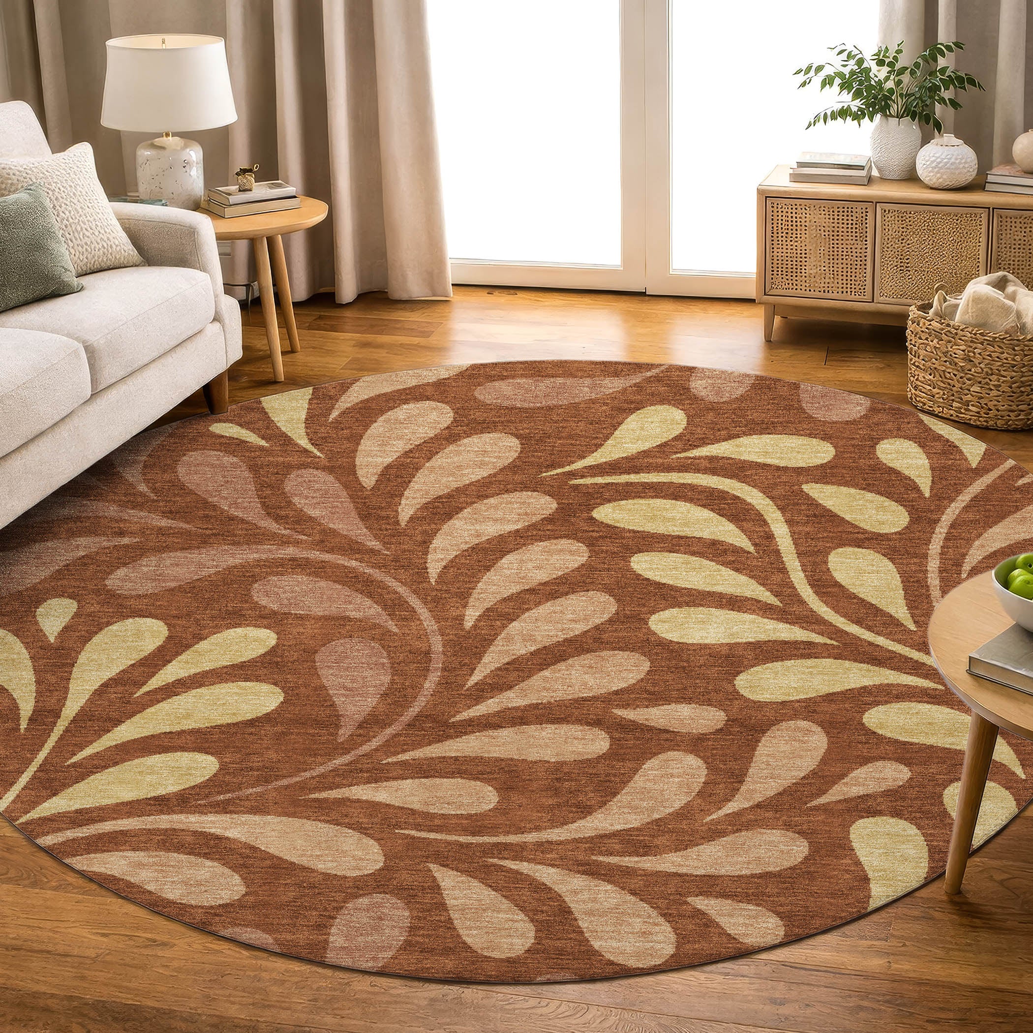 Split Machine Washable Transitional Paprika Orange Rug 8' x 8' #shape_Round