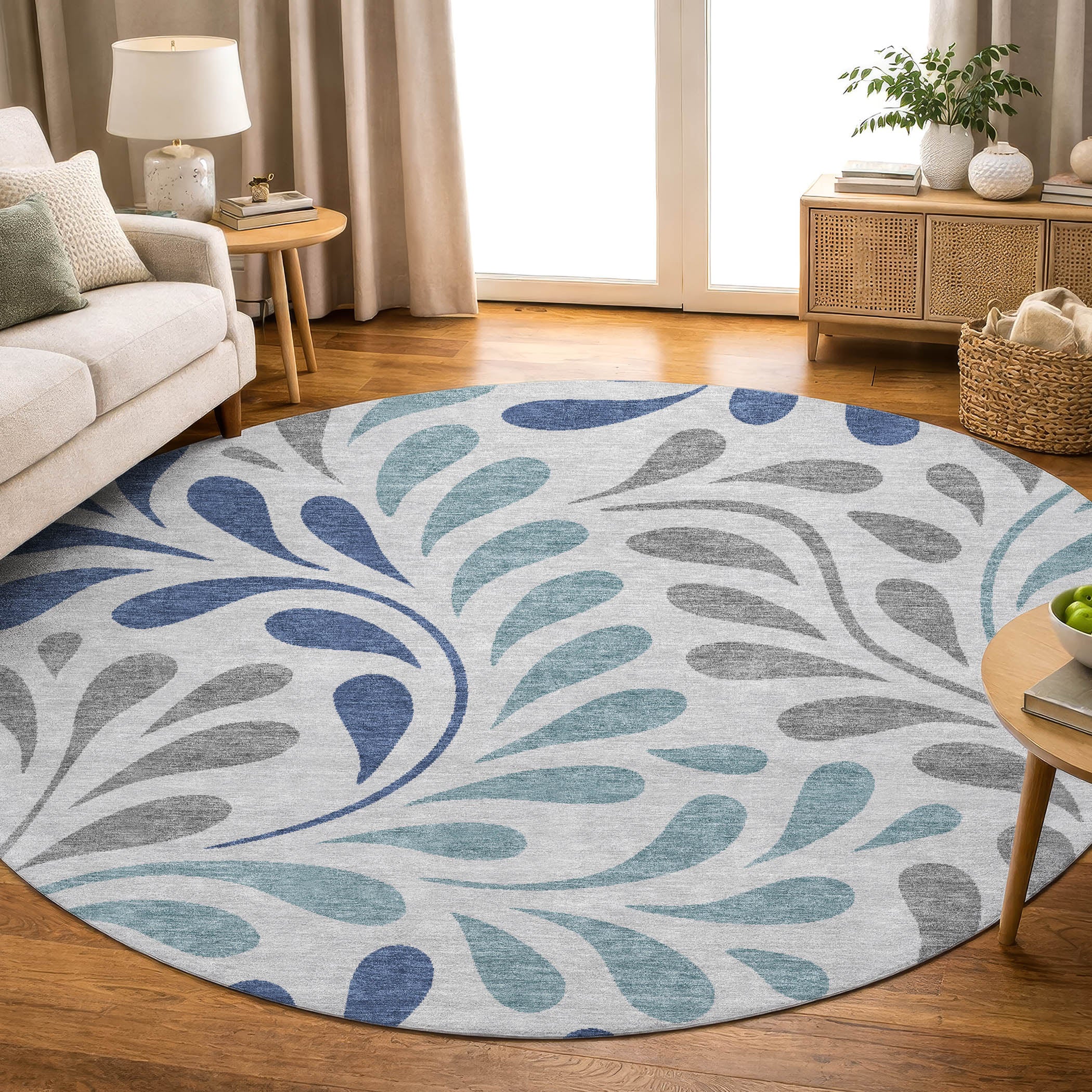Split Machine Washable Transitional Silver Gray Rug 8' x 8' #shape_Round