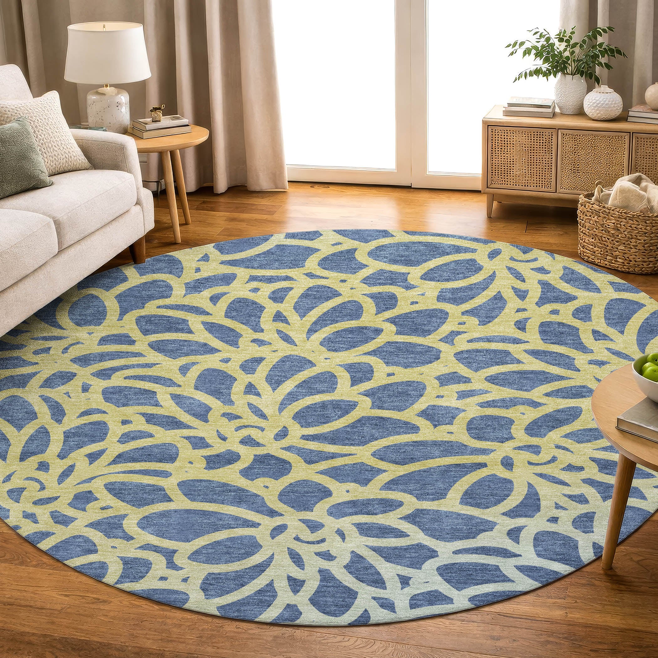 Istanbul Machine Washable Transitional Navy Blue Rug 8' x 8' #shape_Round