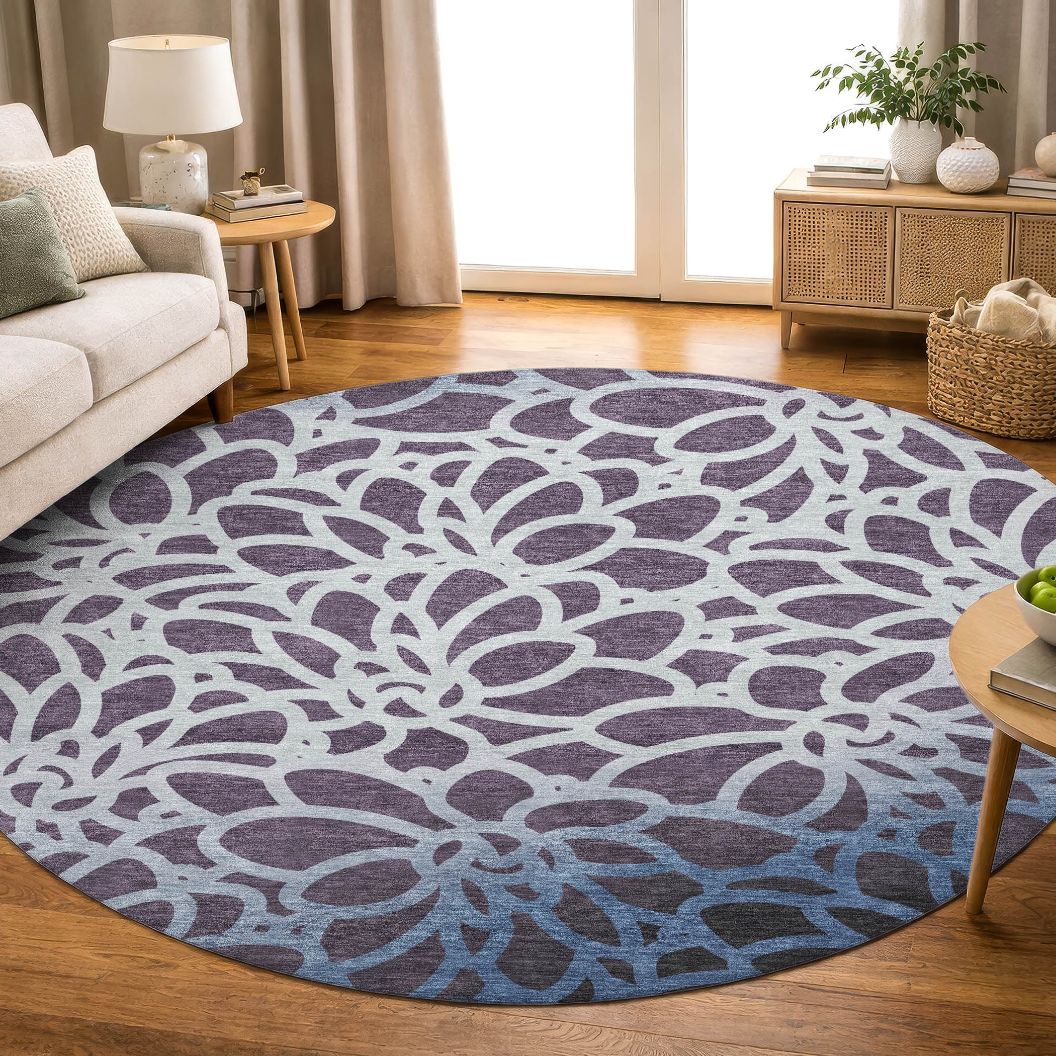 Istanbul Machine Washable Transitional Plum Purple Rug 8' x 8' #shape_Round