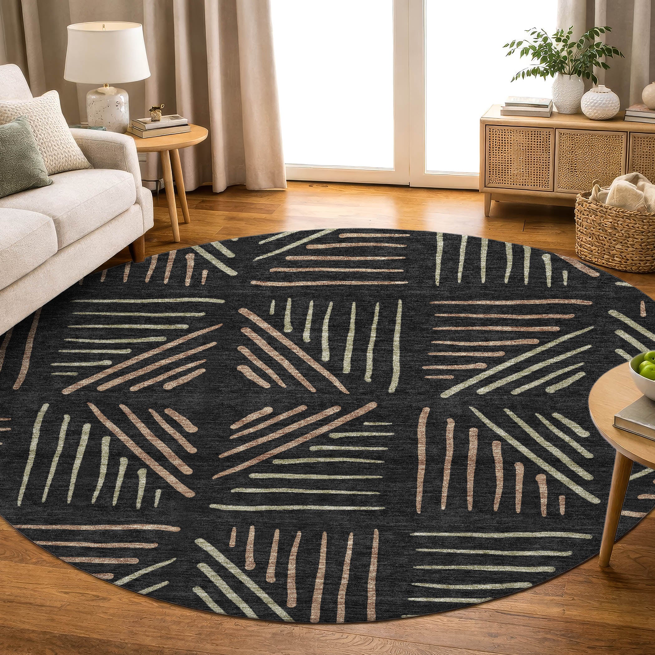 Kyoto Machine Washable Transitional Black Rug 8' x 8' #shape_Round