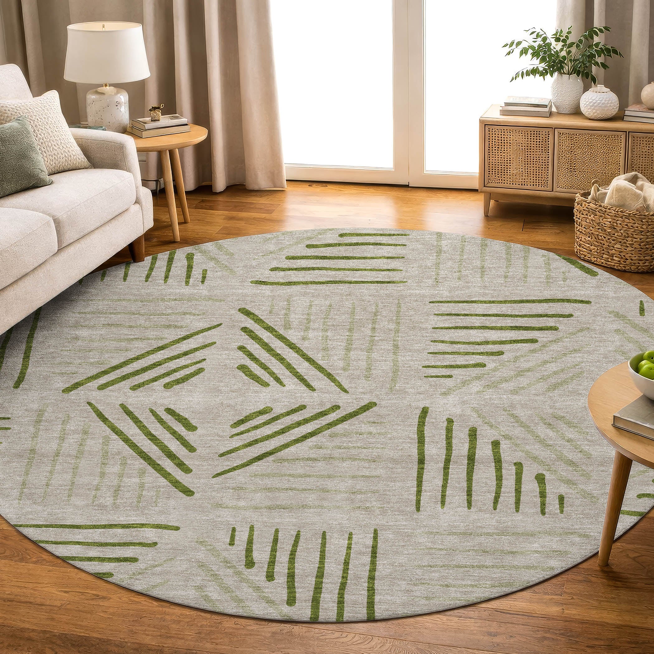 Kyoto Machine Washable Transitional Flax Ivory Rug 8' x 8' #shape_Round