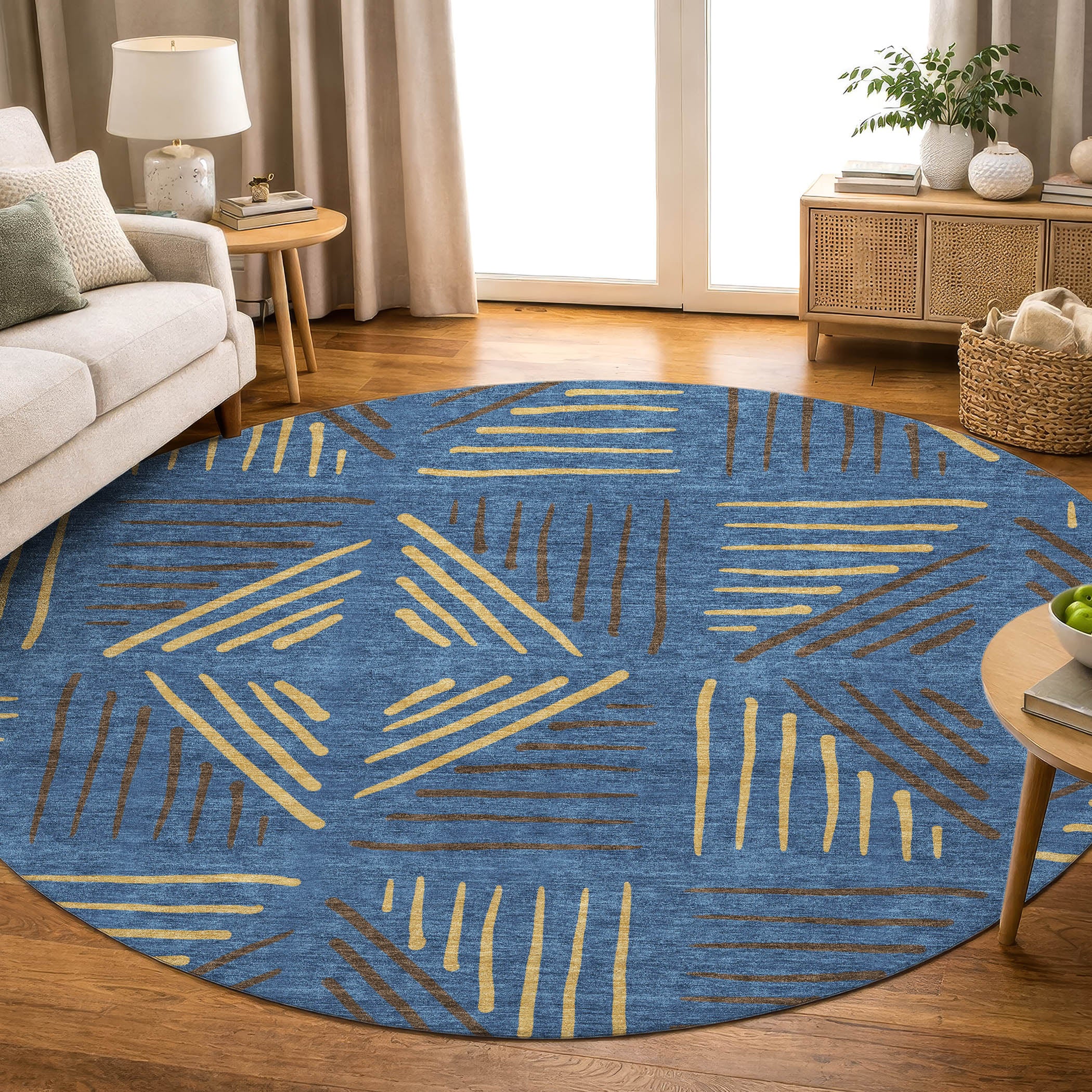Kyoto Machine Washable Transitional Navy Blue Rug 8' x 8' #shape_Round