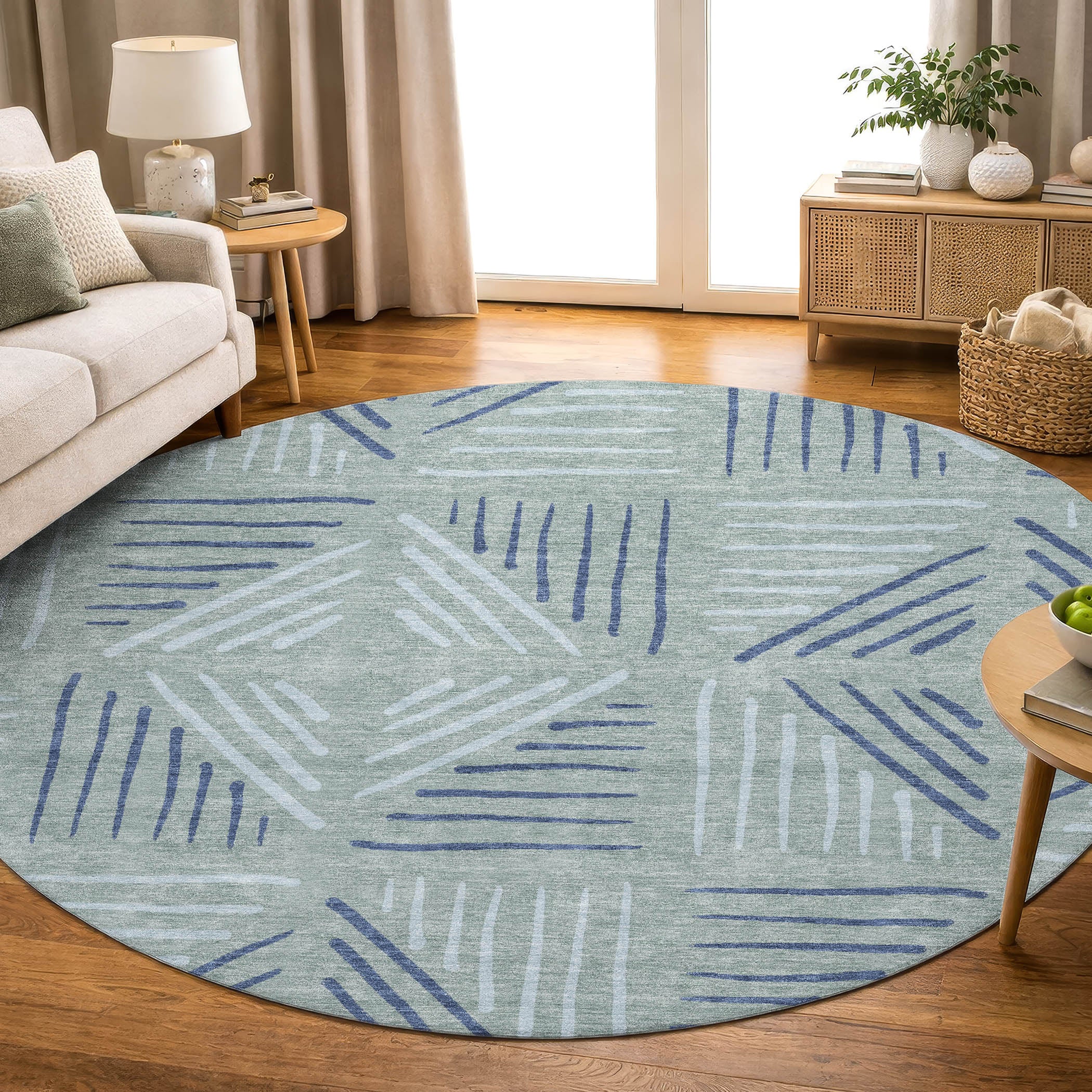 Kyoto Machine Washable Transitional Spa Blue Rug 8' x 8' #shape_Round