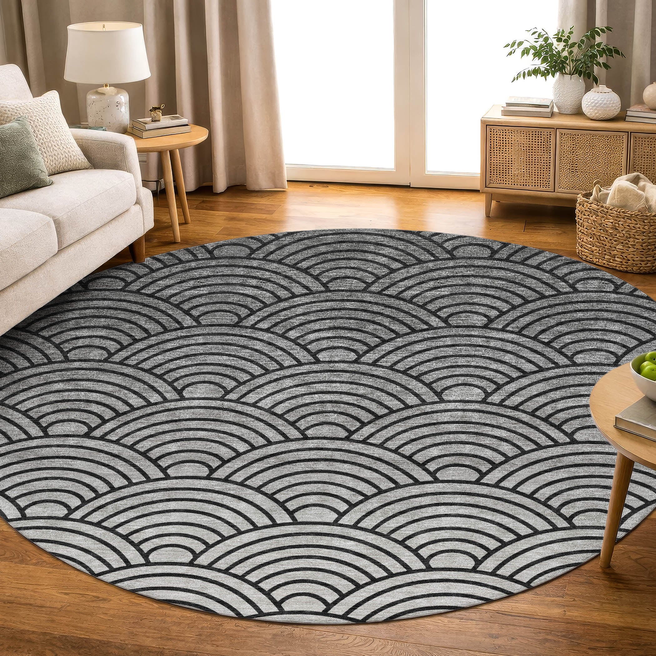 Santorini Machine Washable Transitional Black Rug 8' x 8' #shape_Round