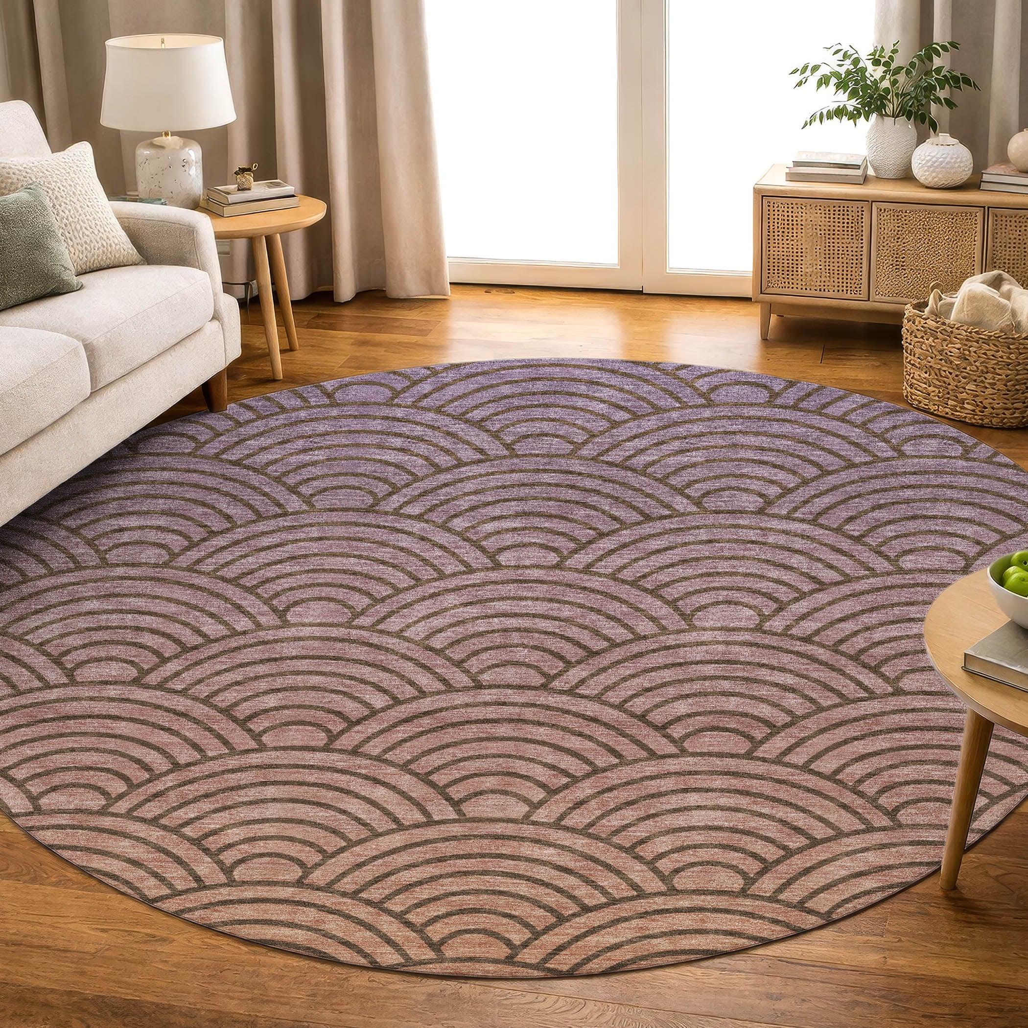 Santorini Machine Washable Transitional Chocolate Brown Rug 8' x 8' #shape_Round
