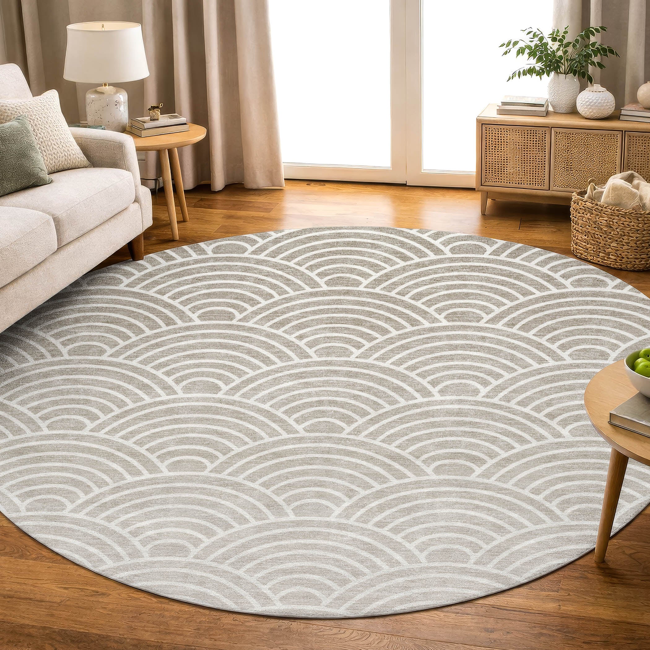 Santorini Machine Washable Transitional Ivory Rug 8' x 8' #shape_Round