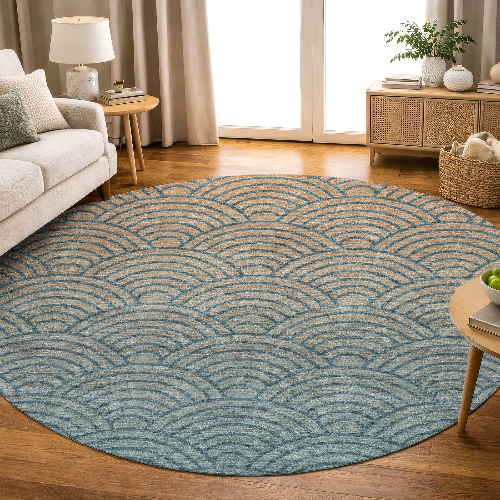 Santorini Machine Washable Transitional Teal Rug 8' x 8' #shape_Round