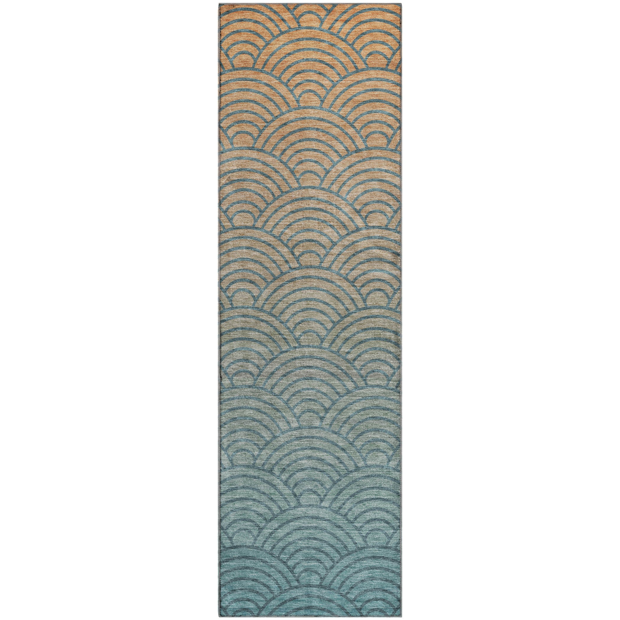 Santorini Machine Washable Transitional Teal Rug 2'3" x 7'6" #shape_Runner