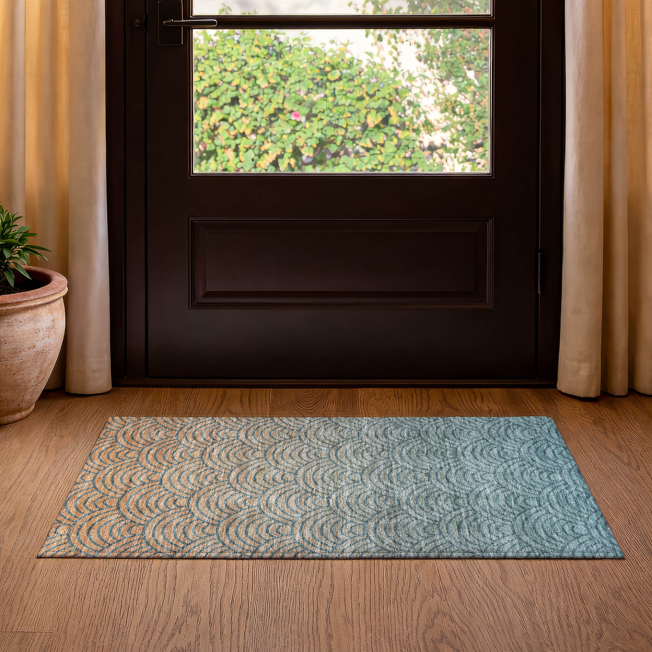 Santorini Machine Washable Transitional Teal Rug 1'8" x 2'6" #shape_Rectangle