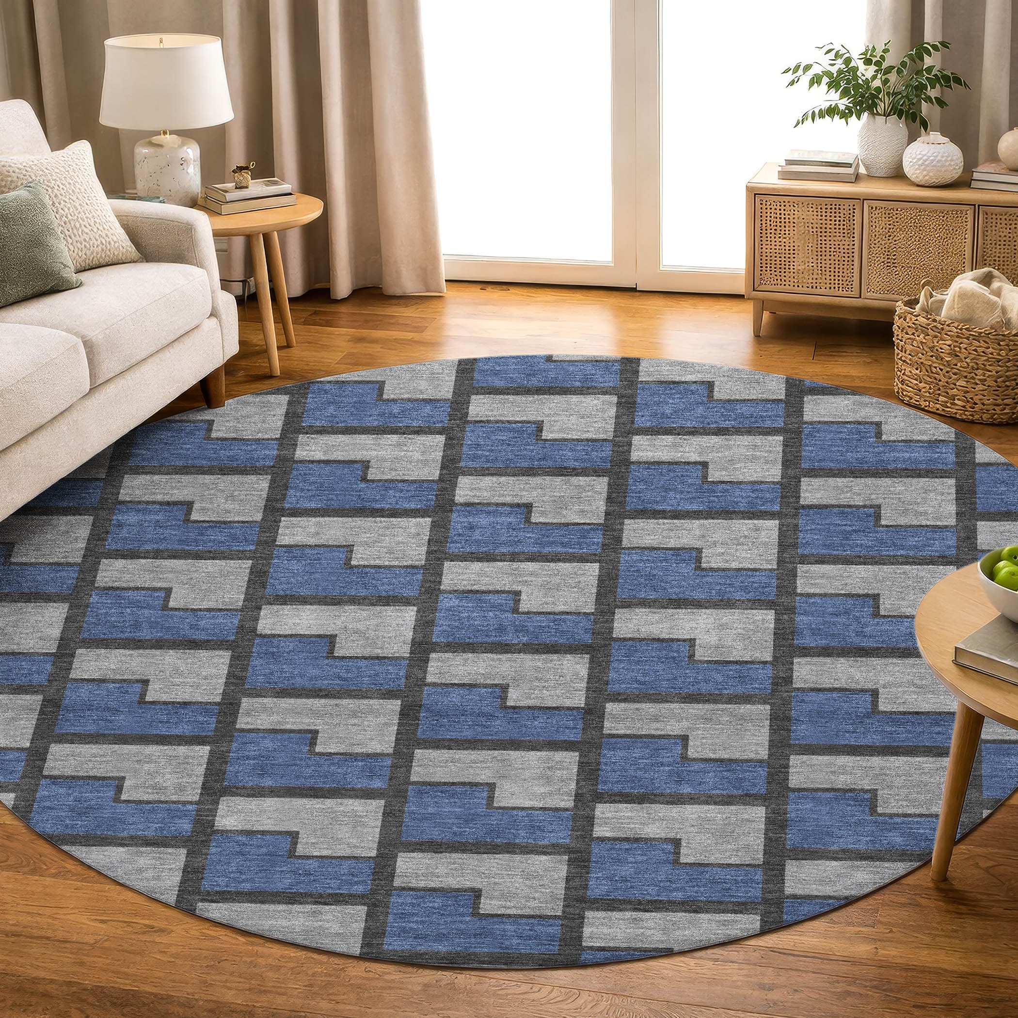 Chiang Mai Machine Washable Transitional Navy Blue Rug 8' x 8' #shape_Round