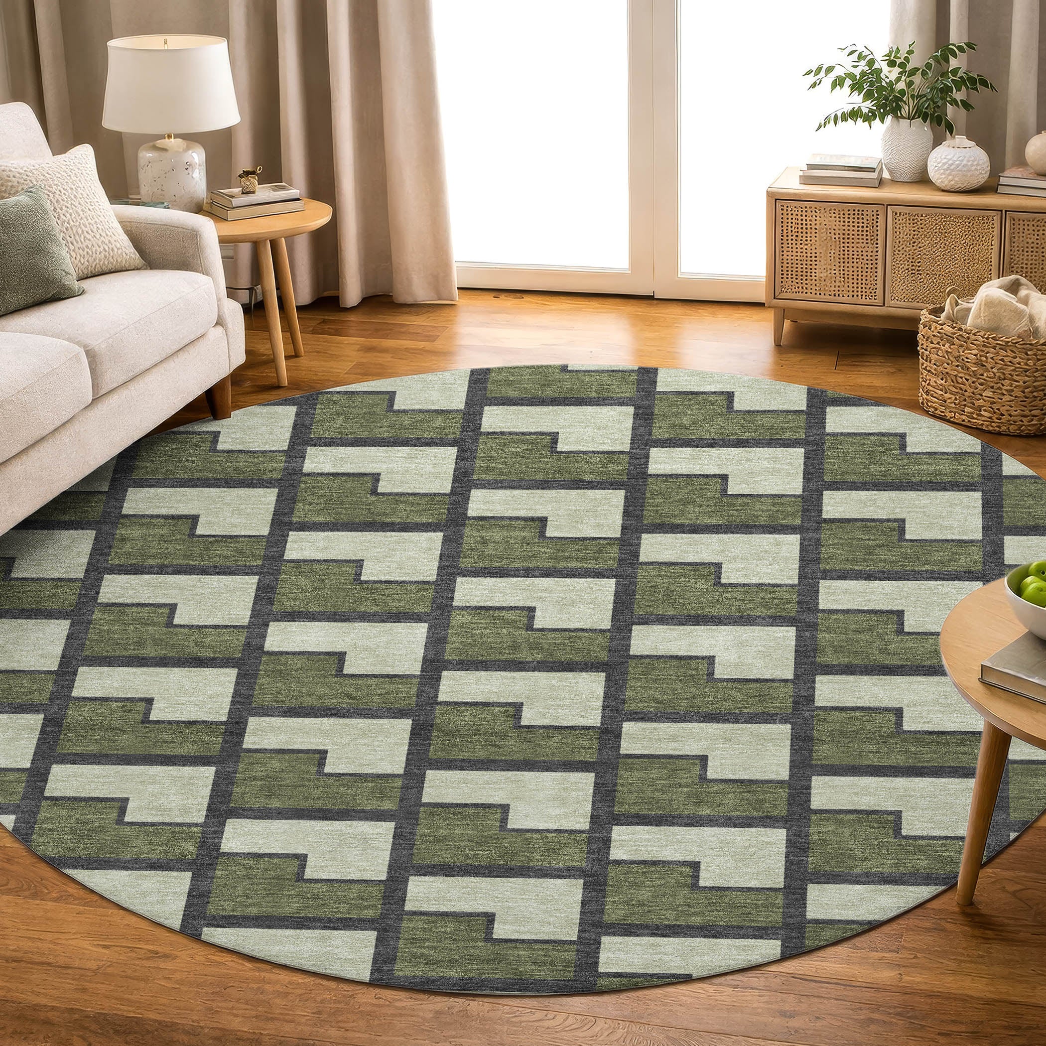 Chiang Mai Machine Washable Transitional Olive Green Rug 8' x 8' #shape_Round