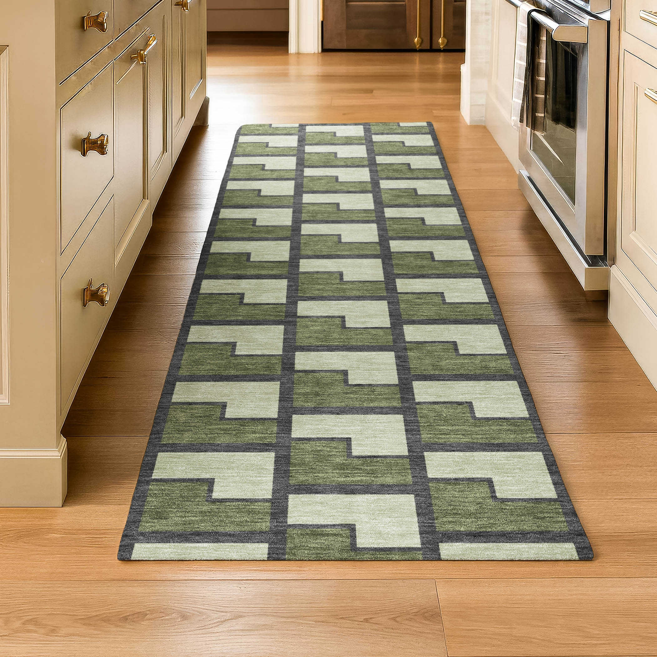 Chiang Mai Machine Washable Transitional Olive Green Rug 2'3" x 7'6" #shape_Runner