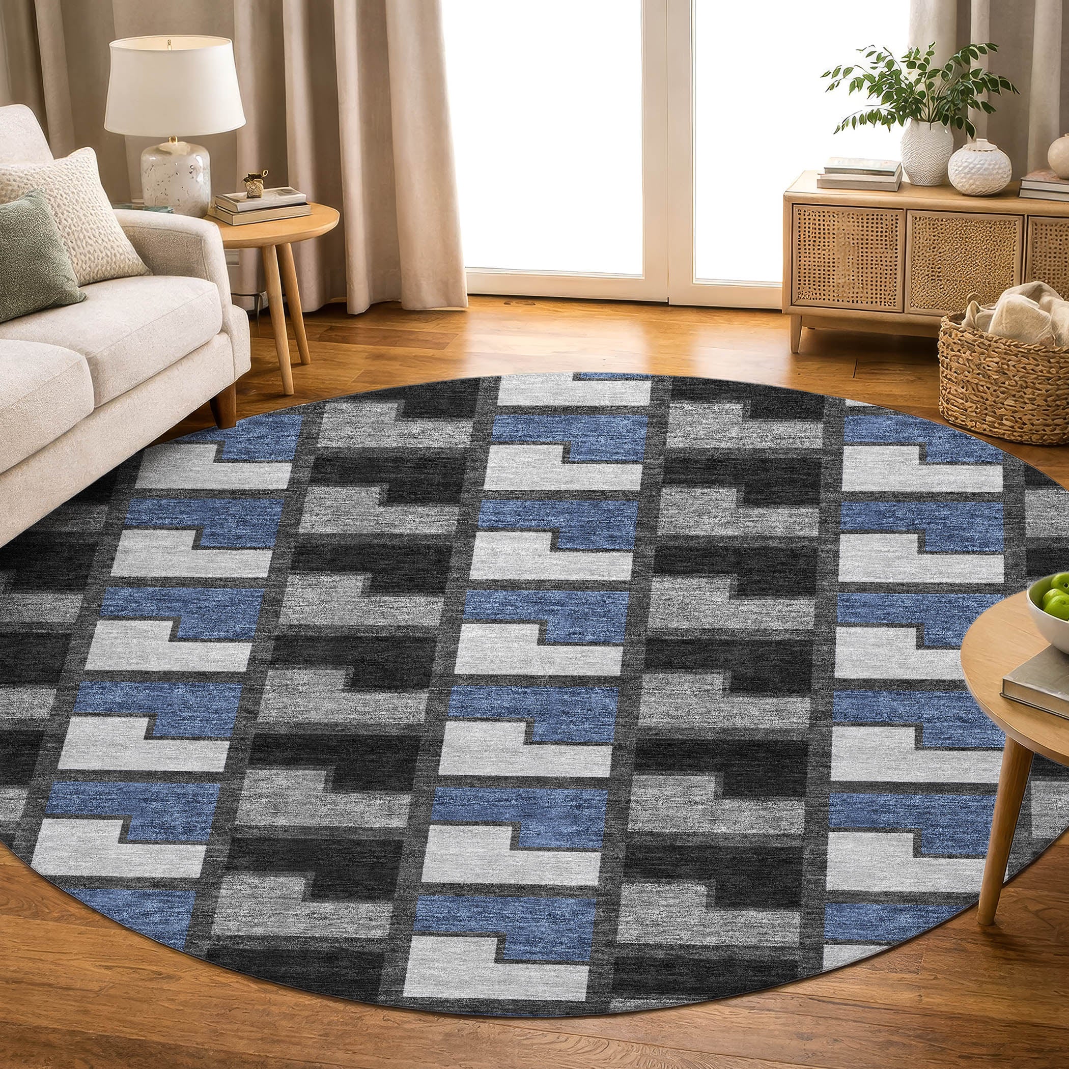 Antigua Machine Washable Transitional Black Rug 8' x 8' #shape_Round