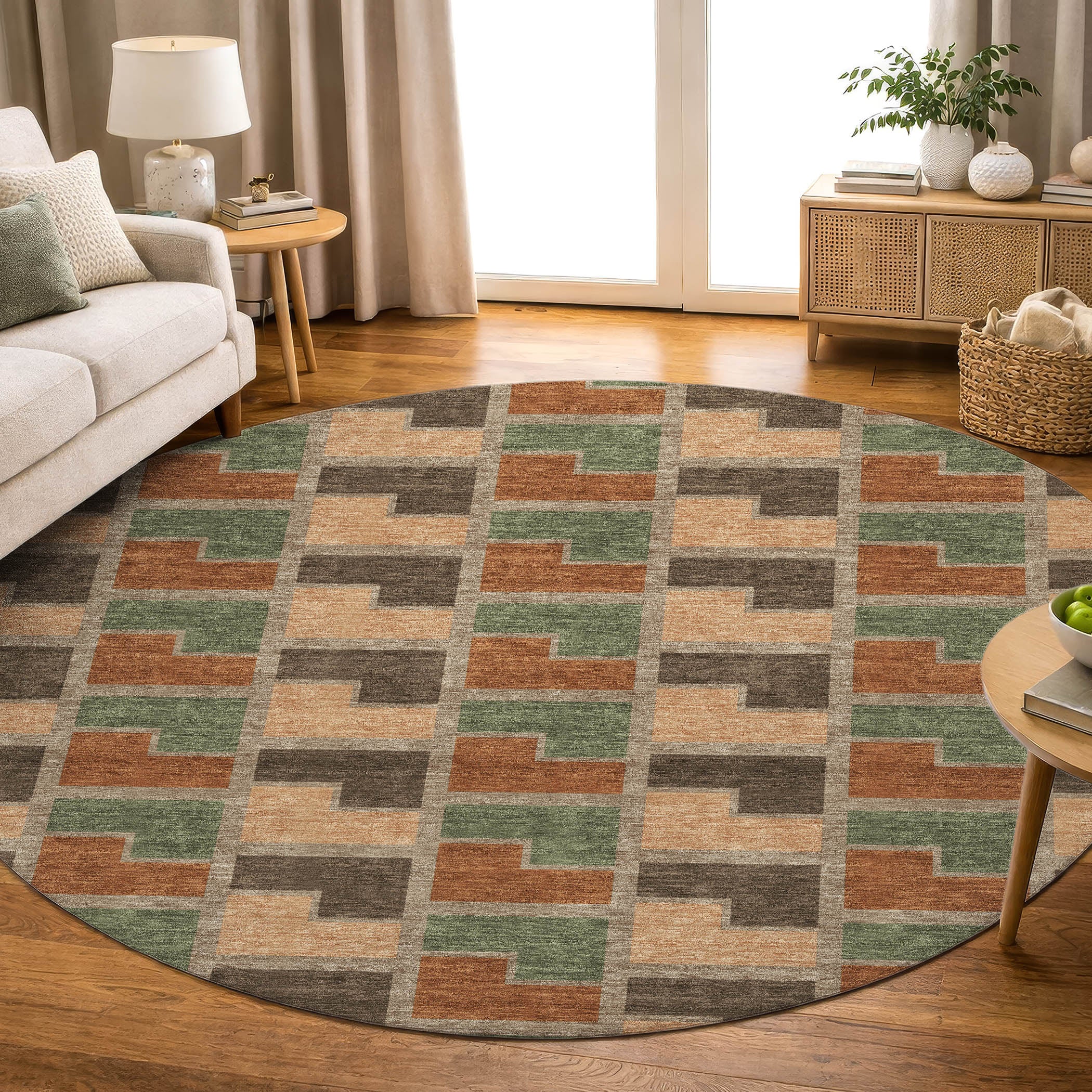 Antigua Machine Washable Transitional Paprika Orange Rug 8' x 8' #shape_Round