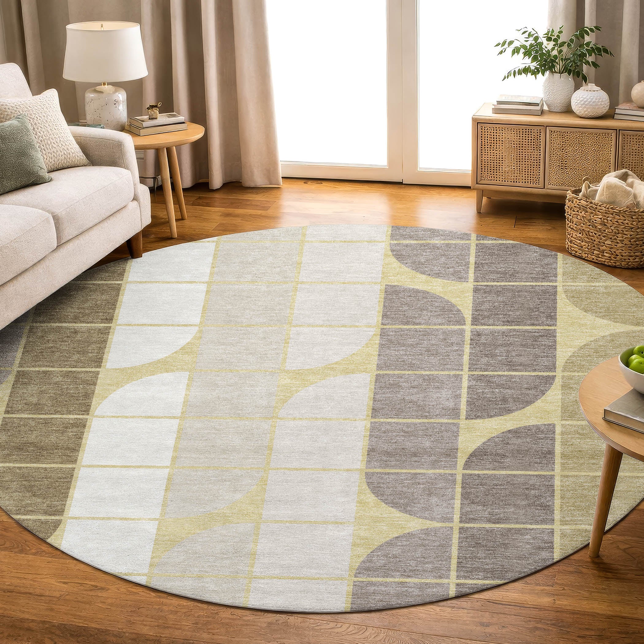 Oaxaca Machine Washable Contemporary Wheat Gold Rug 8' x 8' #shape_Round